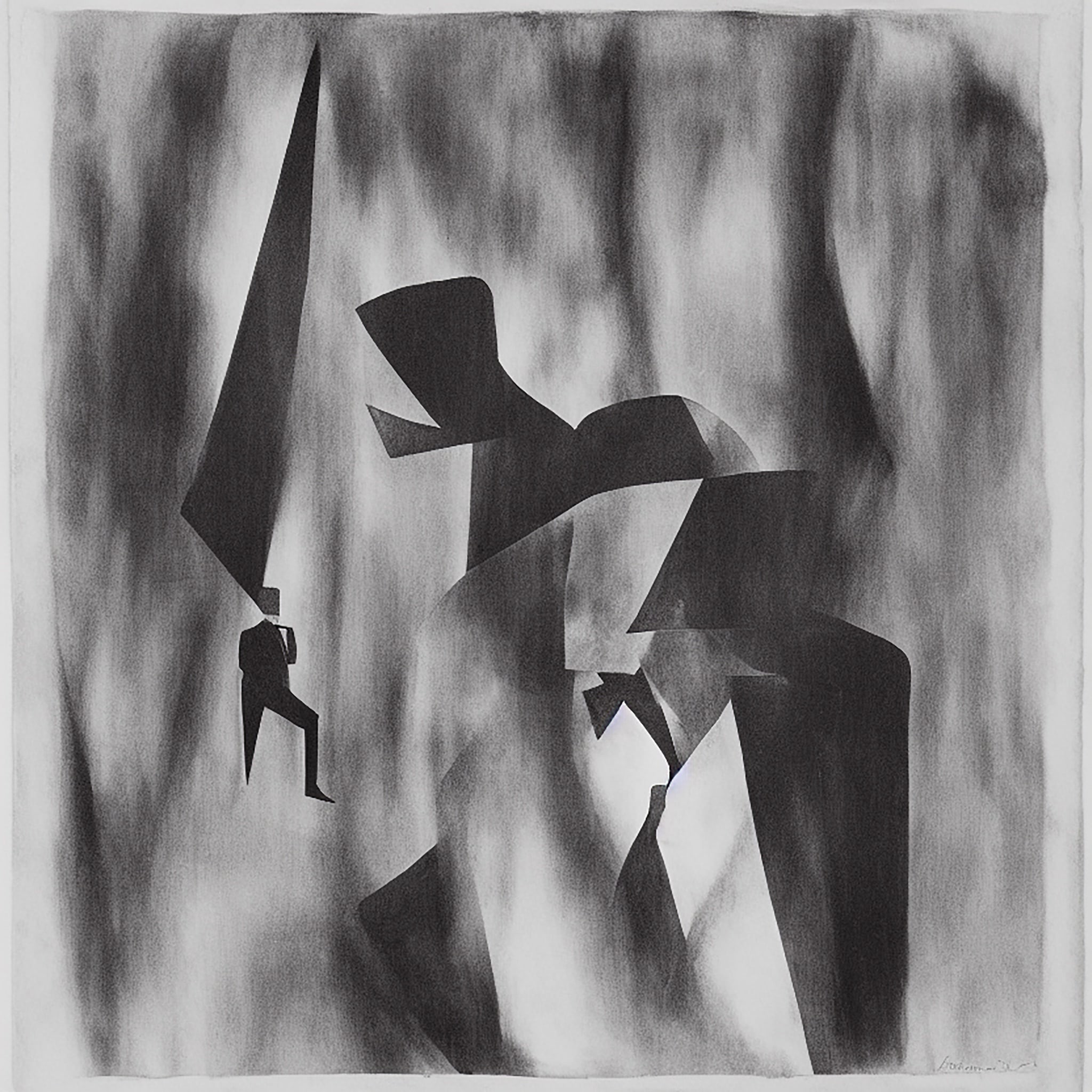 Abstract charcoal drawing of a man in a suit, partially obscured by dark shapes.