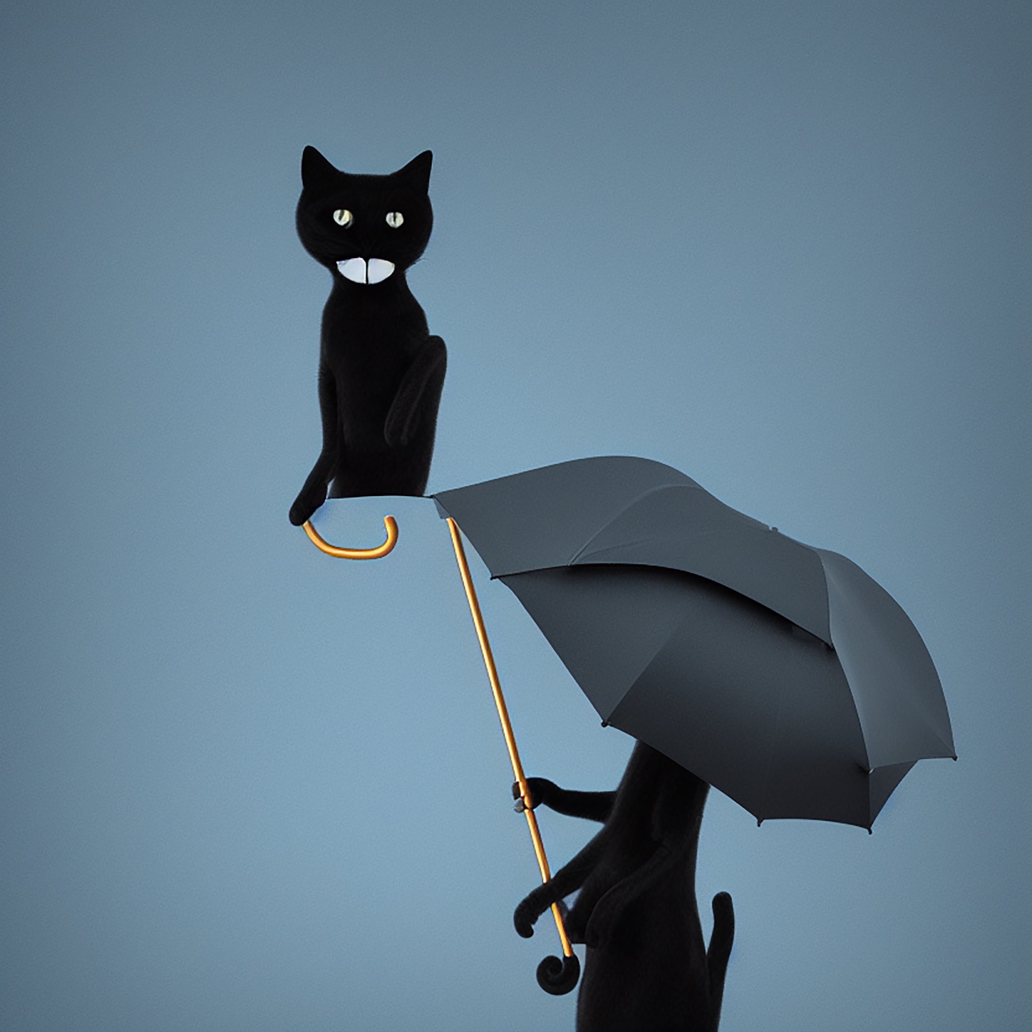 Black cat with large teeth holding an umbrella in the rain; digital art.