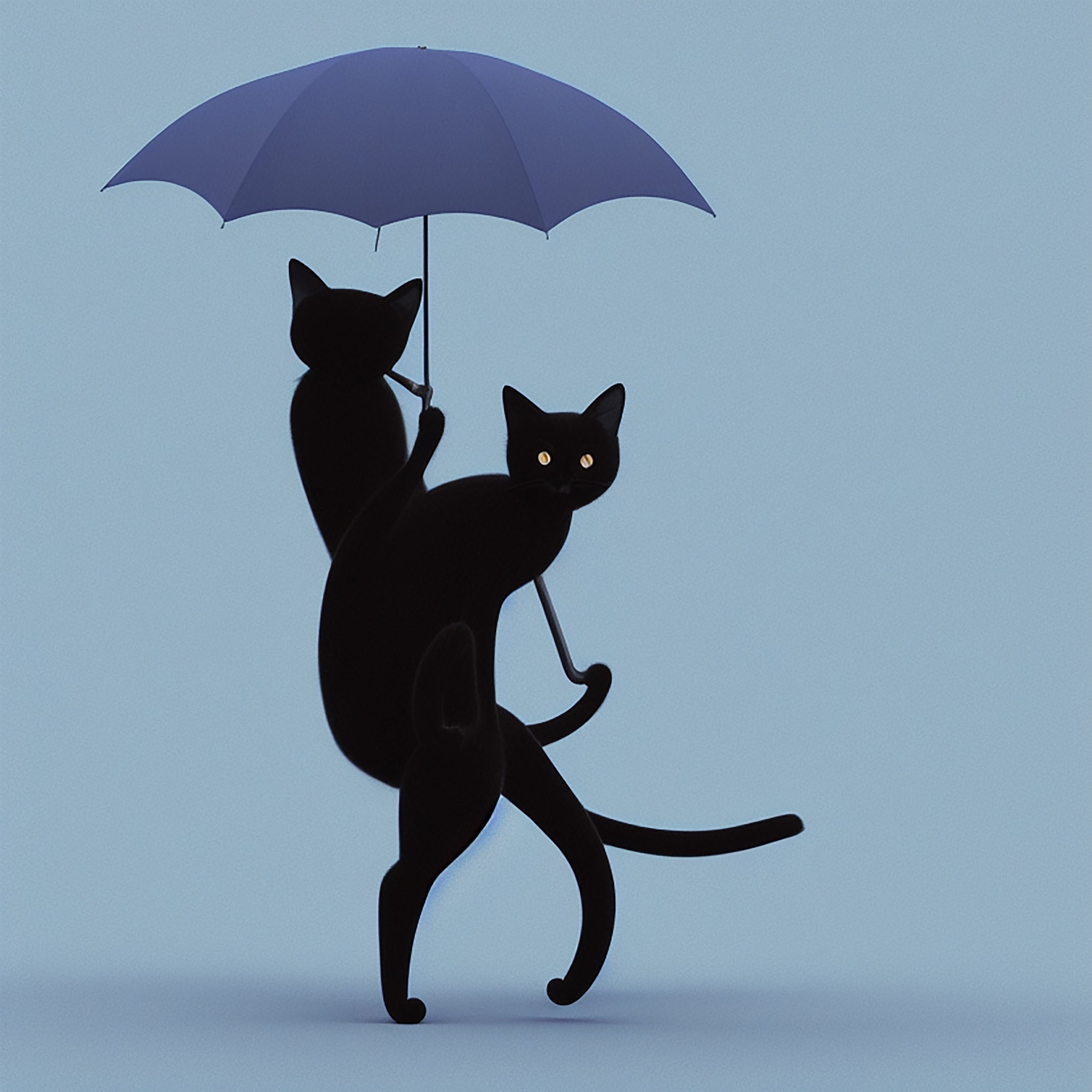 Two black cats holding a purple umbrella in the rain.