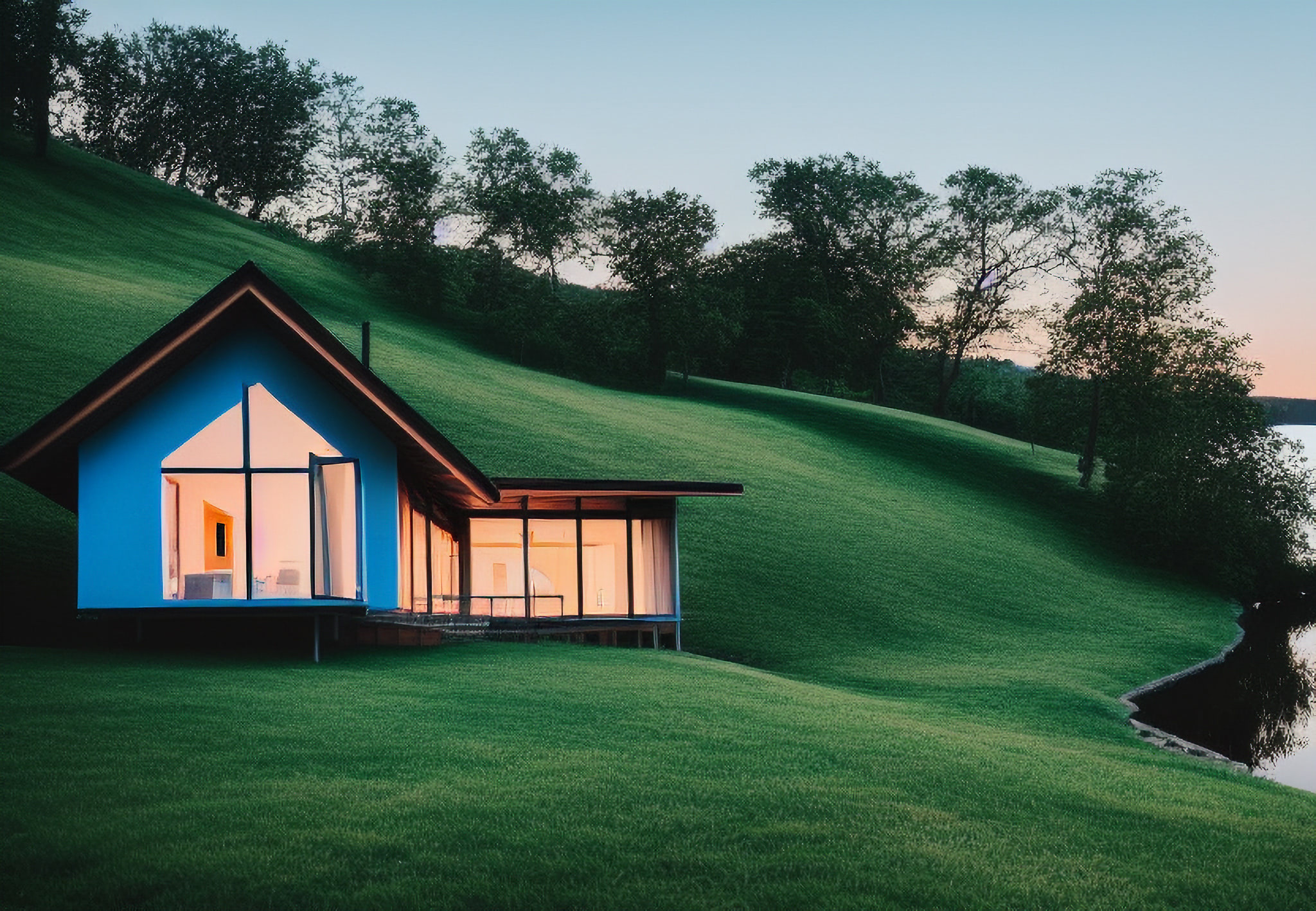 Modern blue house on grassy hillside overlooking lake at dusk.