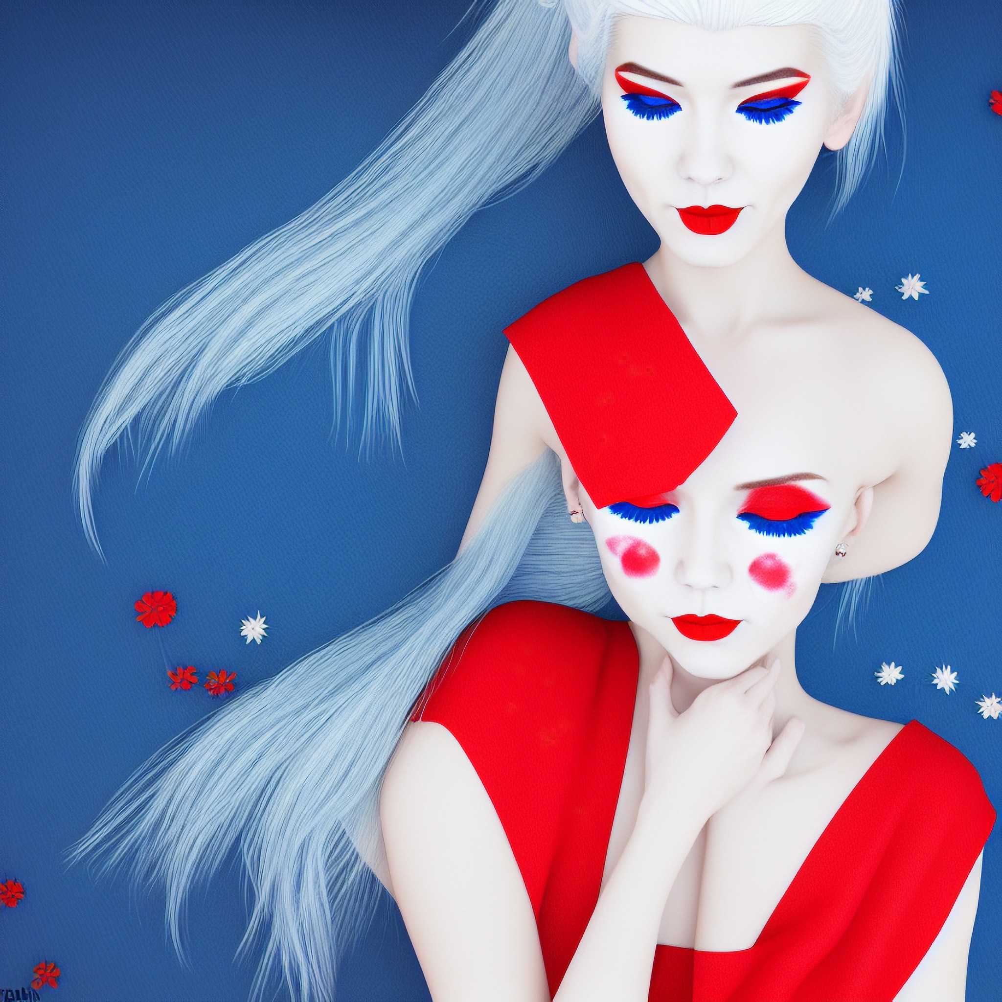 3D render of a woman with white hair and red and blue makeup, wearing a red dress, against a blue background.