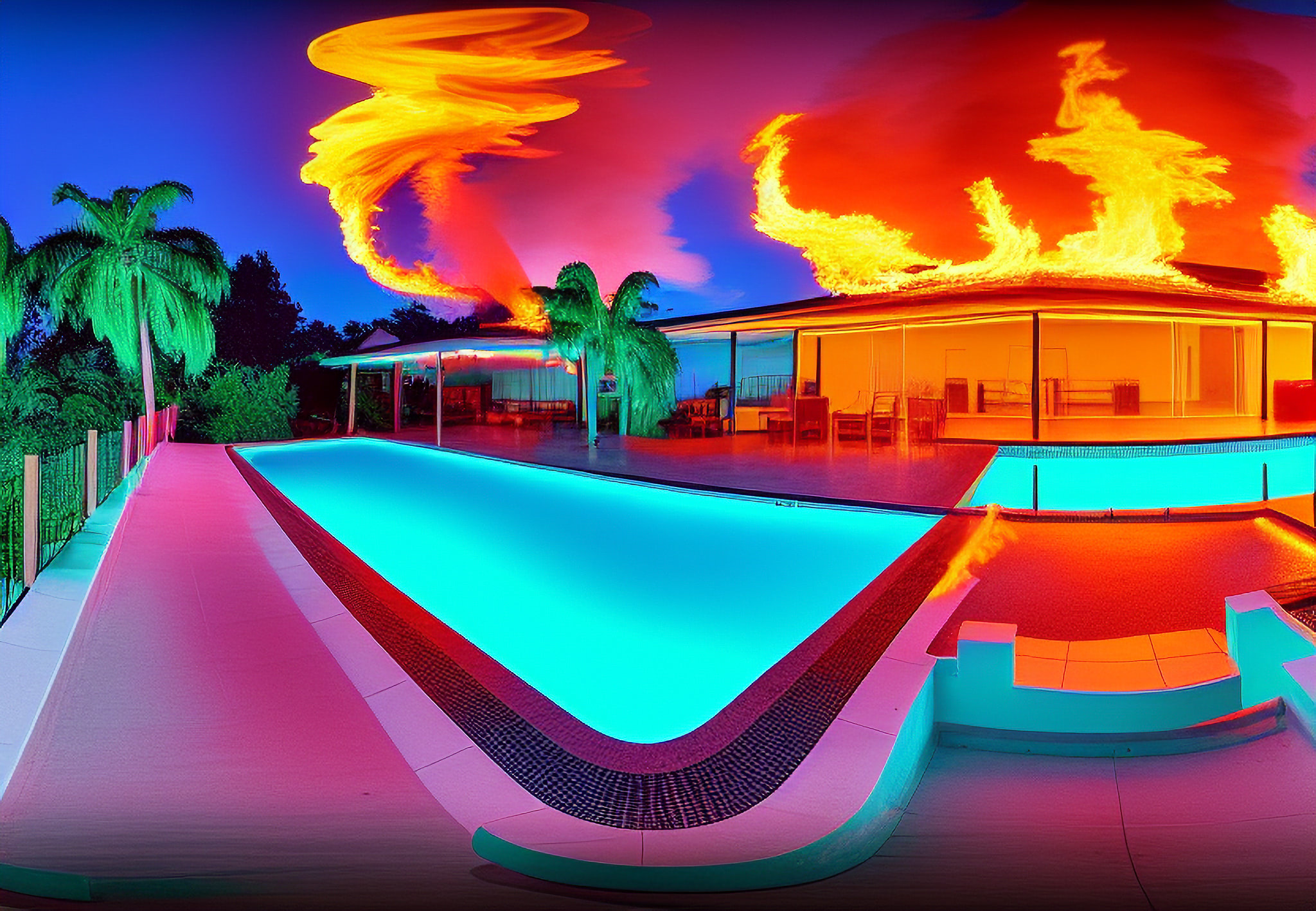 Neon-colored bungalow with pool engulfed in flames.