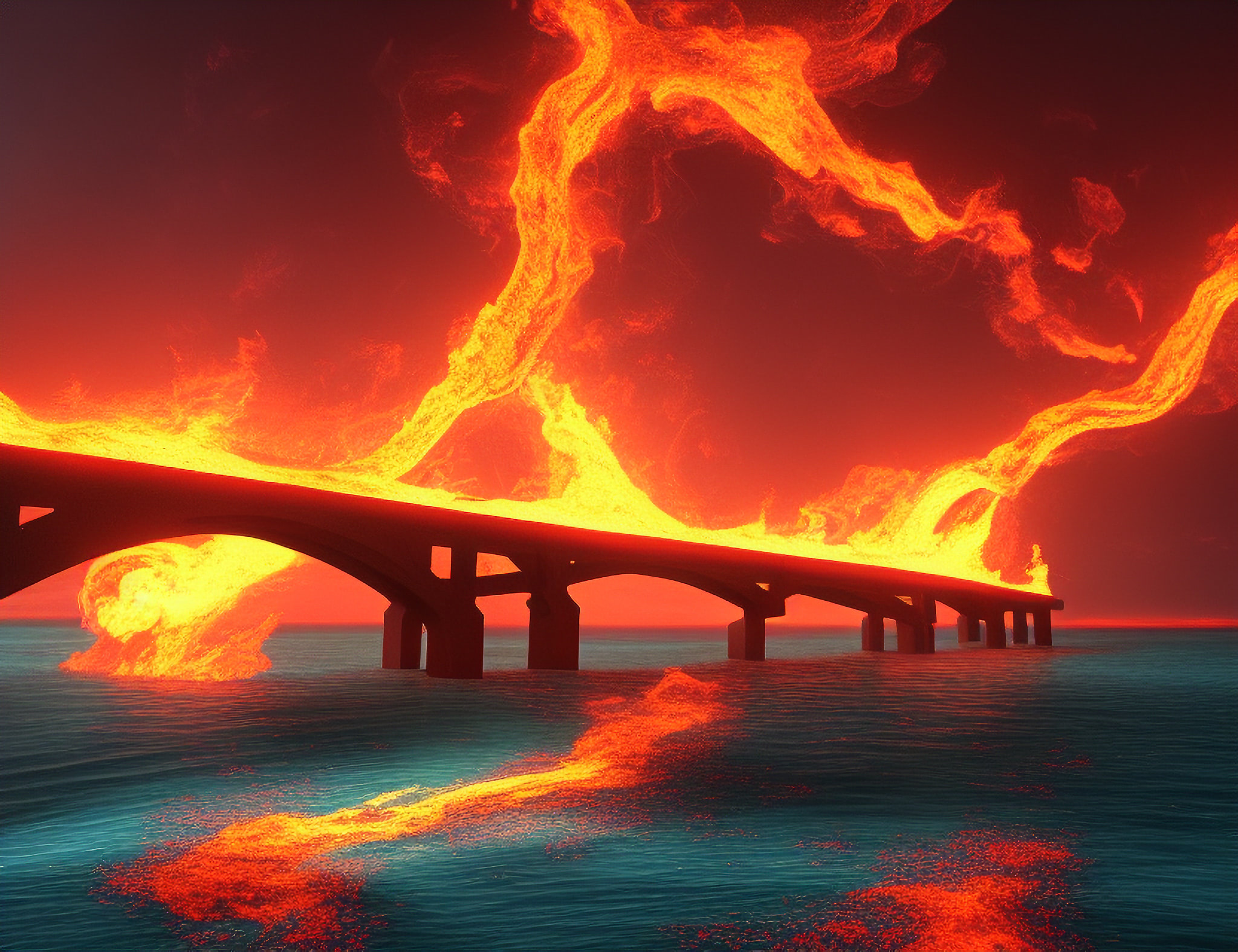 Bridge engulfed in flames over ocean.