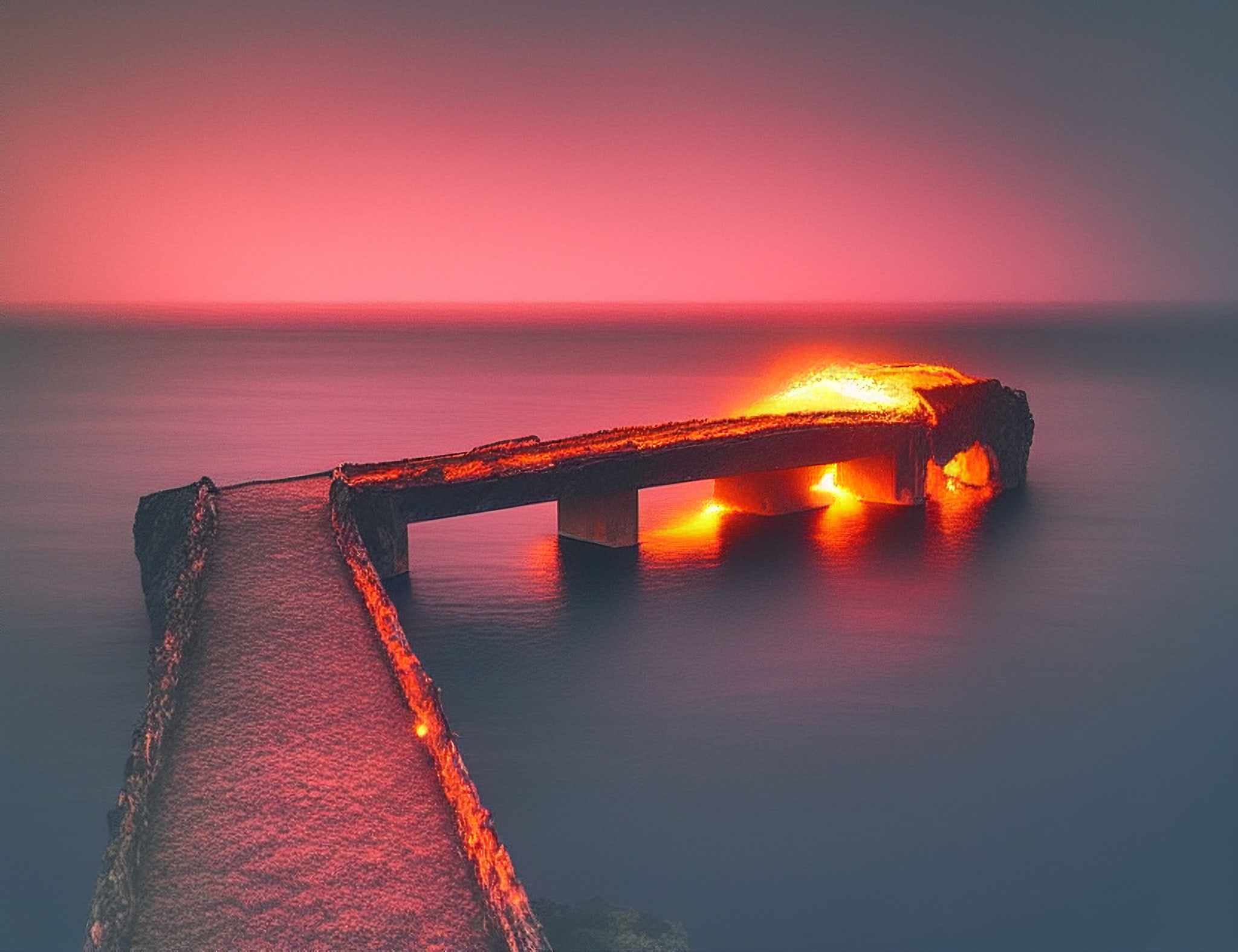 Burning bridge over ocean at sunset.