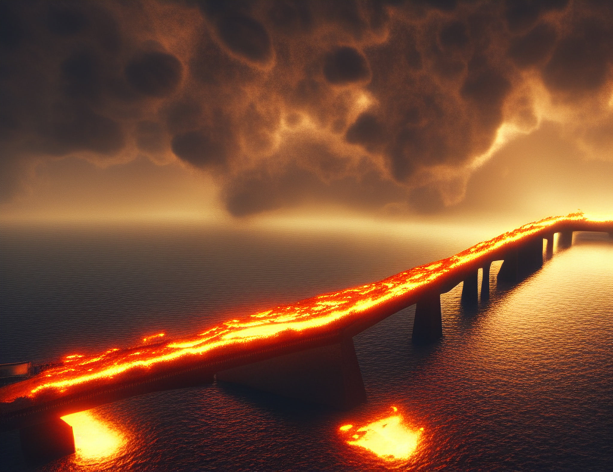 Lava flowing across a bridge over water under a stormy sky.