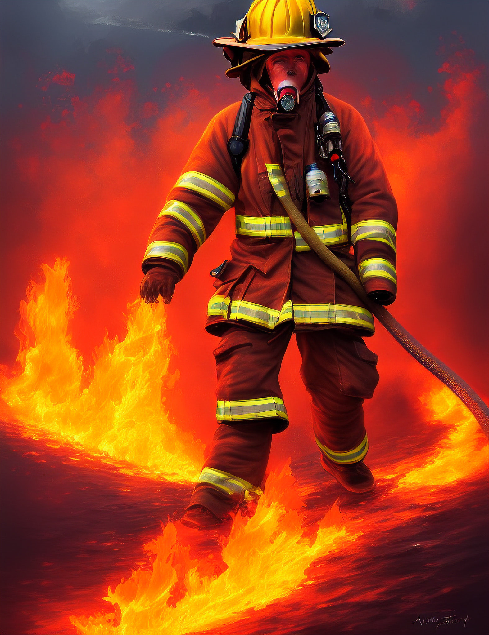 Firefighter walking through flames.