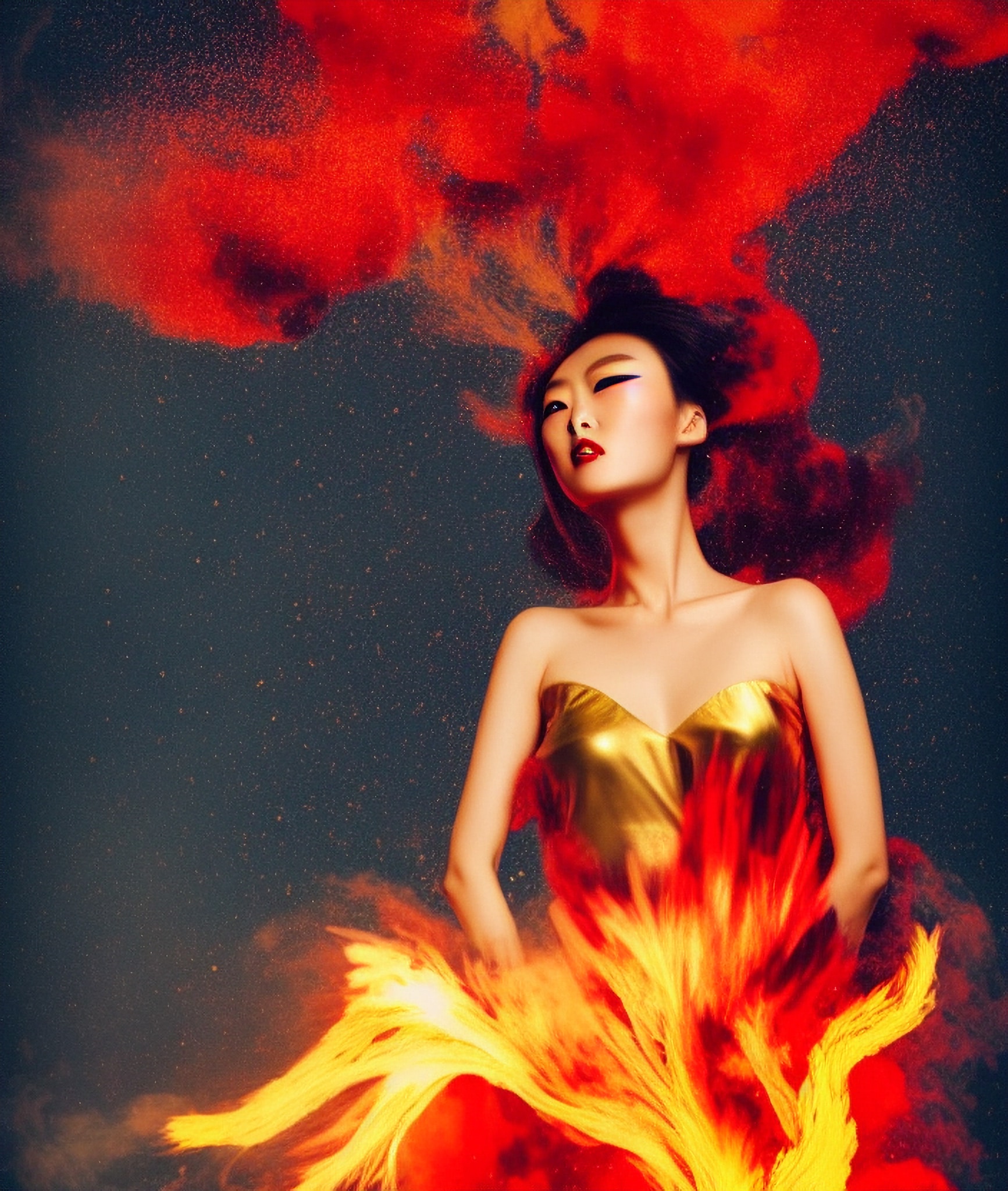 Woman in gold dress surrounded by red and orange powder explosion.