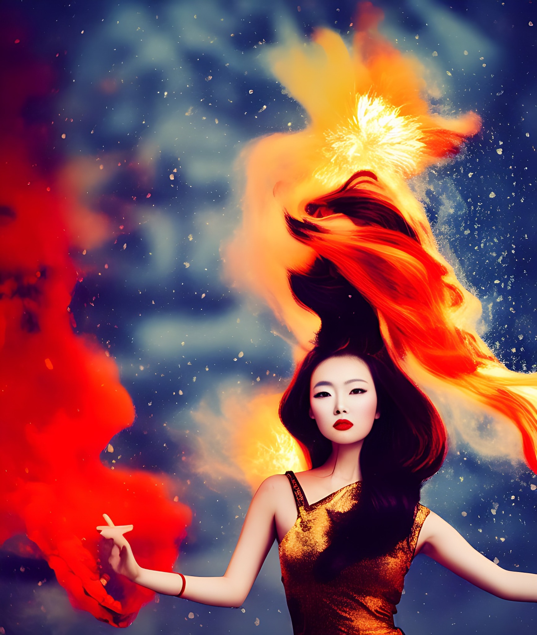 Woman with fiery orange hair and gold dress amidst red and orange smoke.