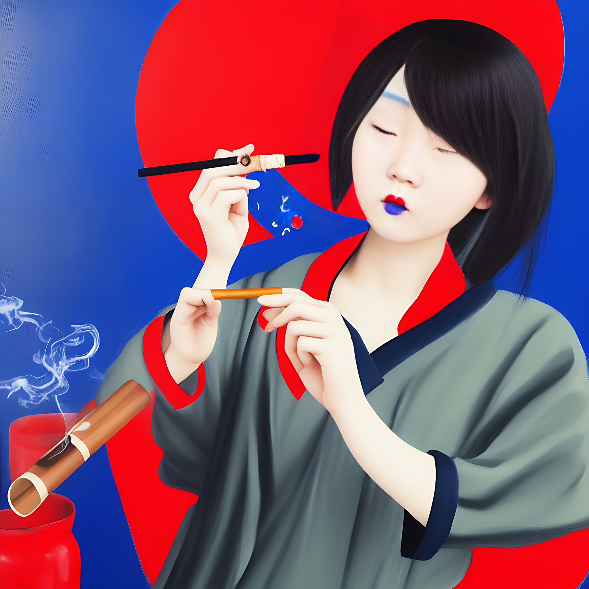 A young woman in a gray robe holds a paintbrush and a smoking pipe against a red and blue background.