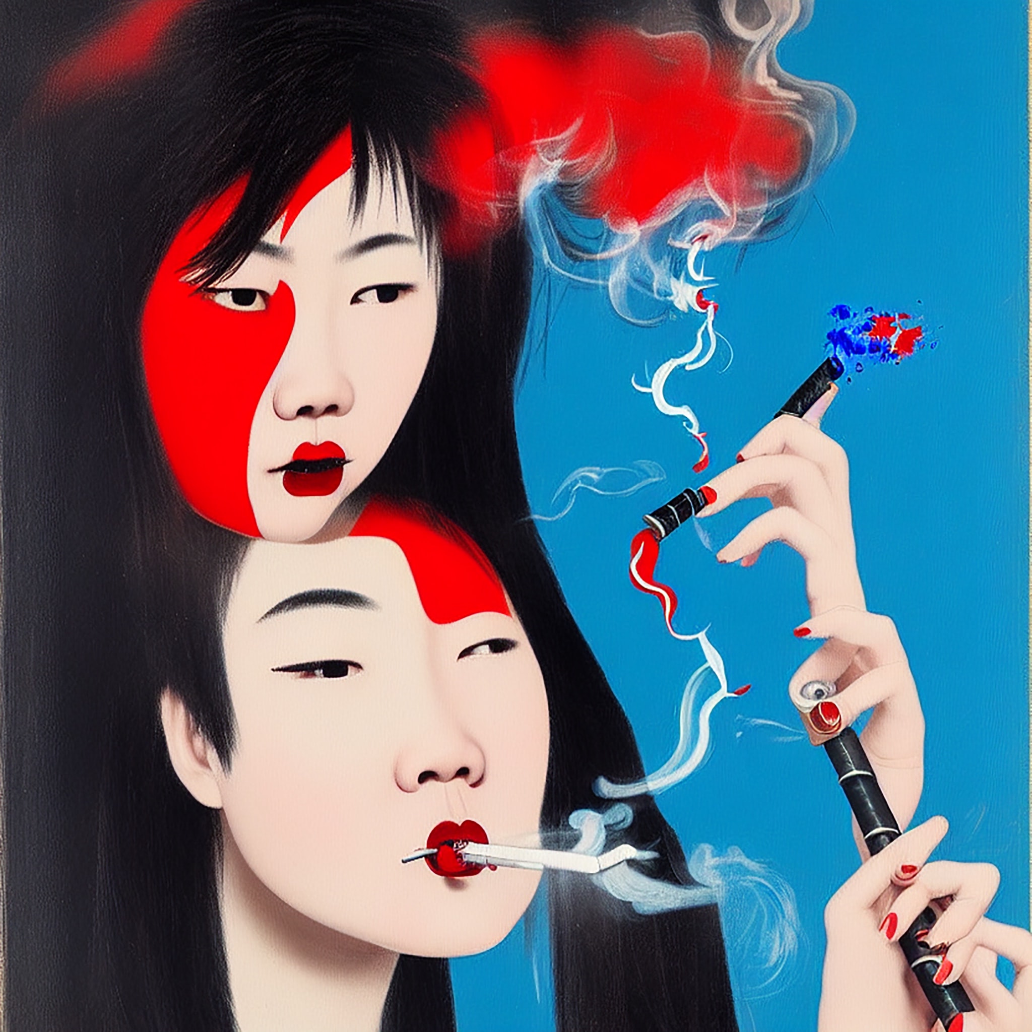 Painting of two young women with red accents on their faces, one smoking a cigarette and the other a long, thin object.