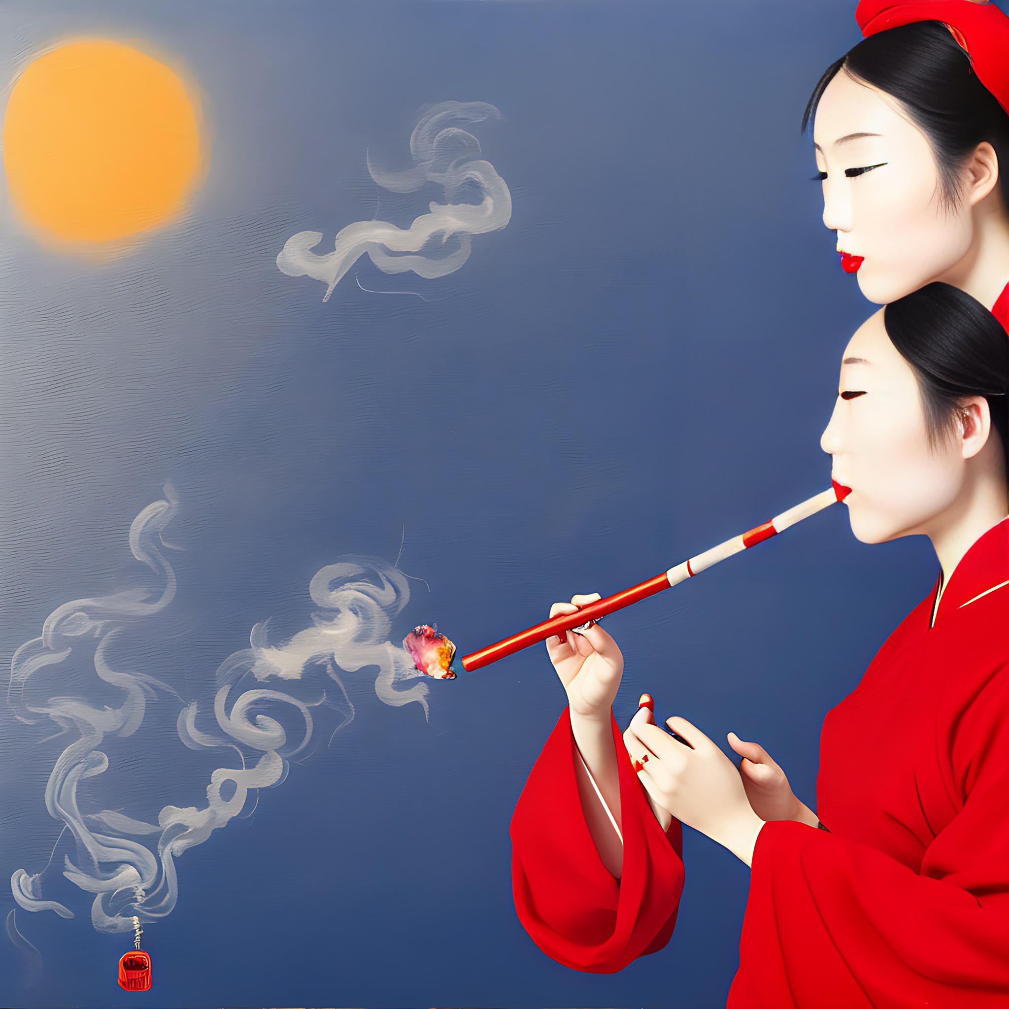 A painting of a young woman in a red dress smoking a long pipe, with stylized smoke and a sun in the background.