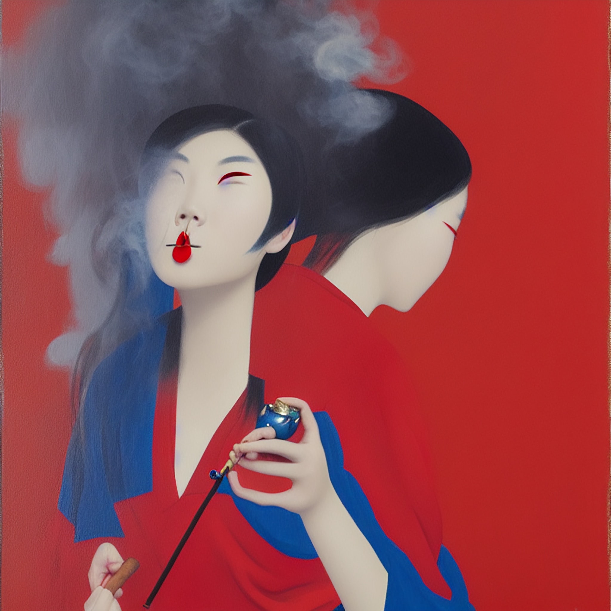 Painting of a young woman in traditional clothing smoking a pipe, with smoke swirling around her head.