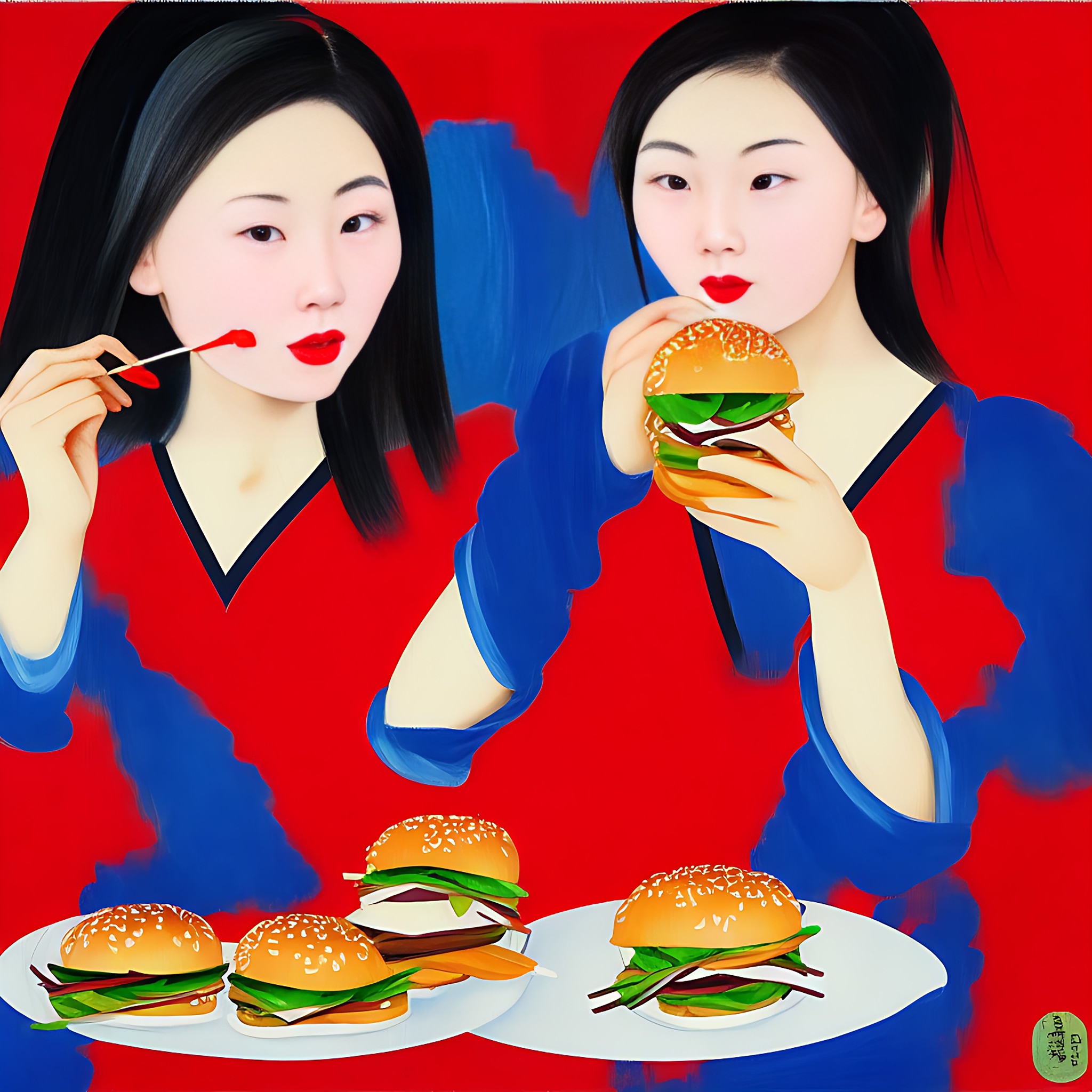 Painting of two young women in red and blue dresses eating burgers.