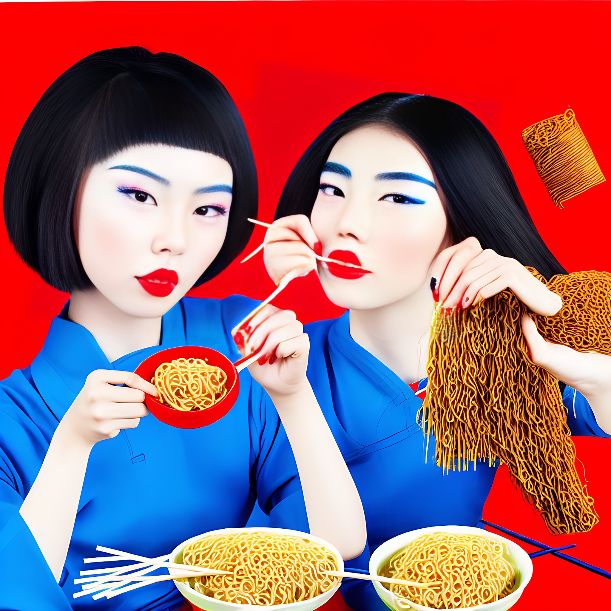 Two young women with bob haircuts and pop art makeup eat ramen noodles against a red background.