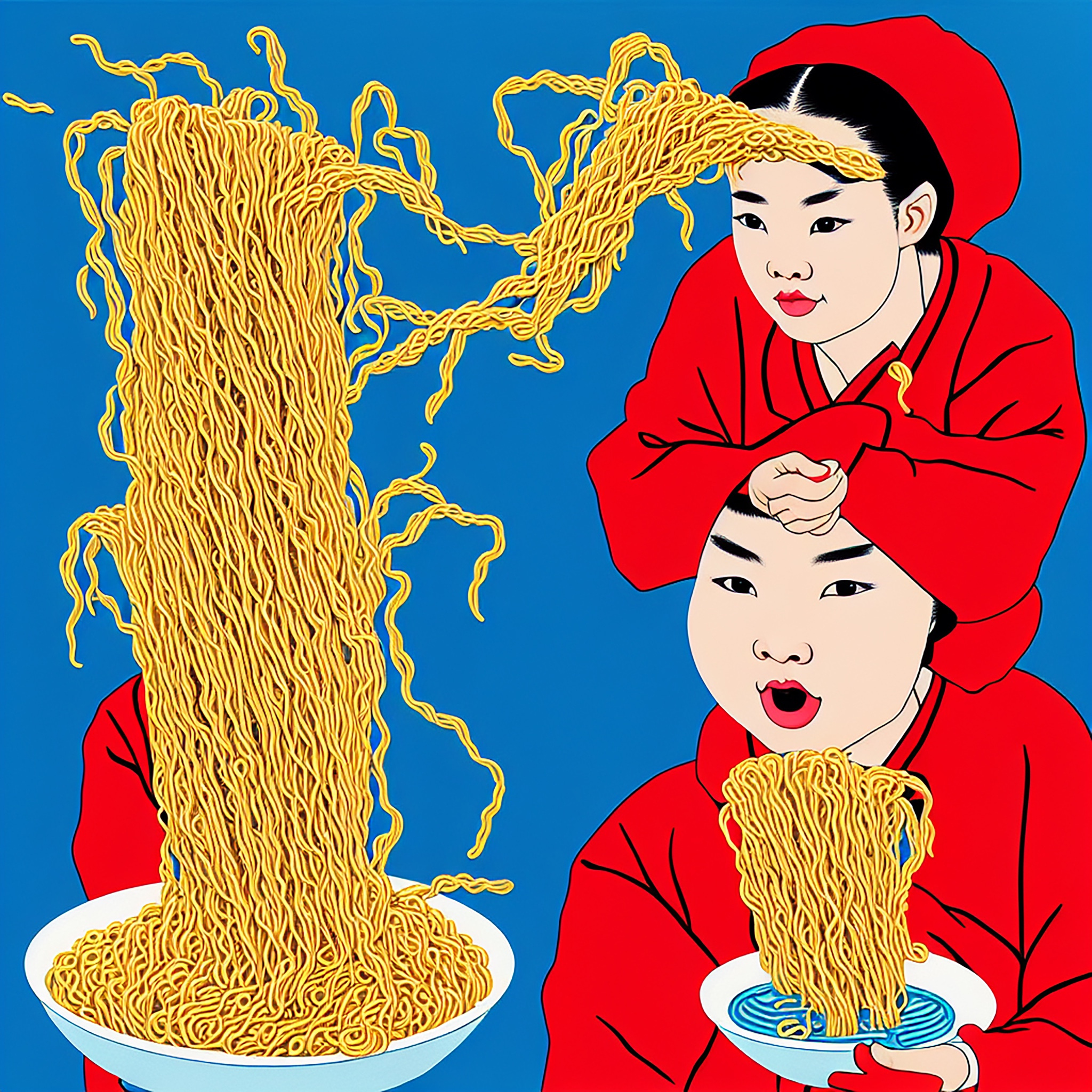 Pop art painting of two girls in red, with noodles overflowing from bowls.