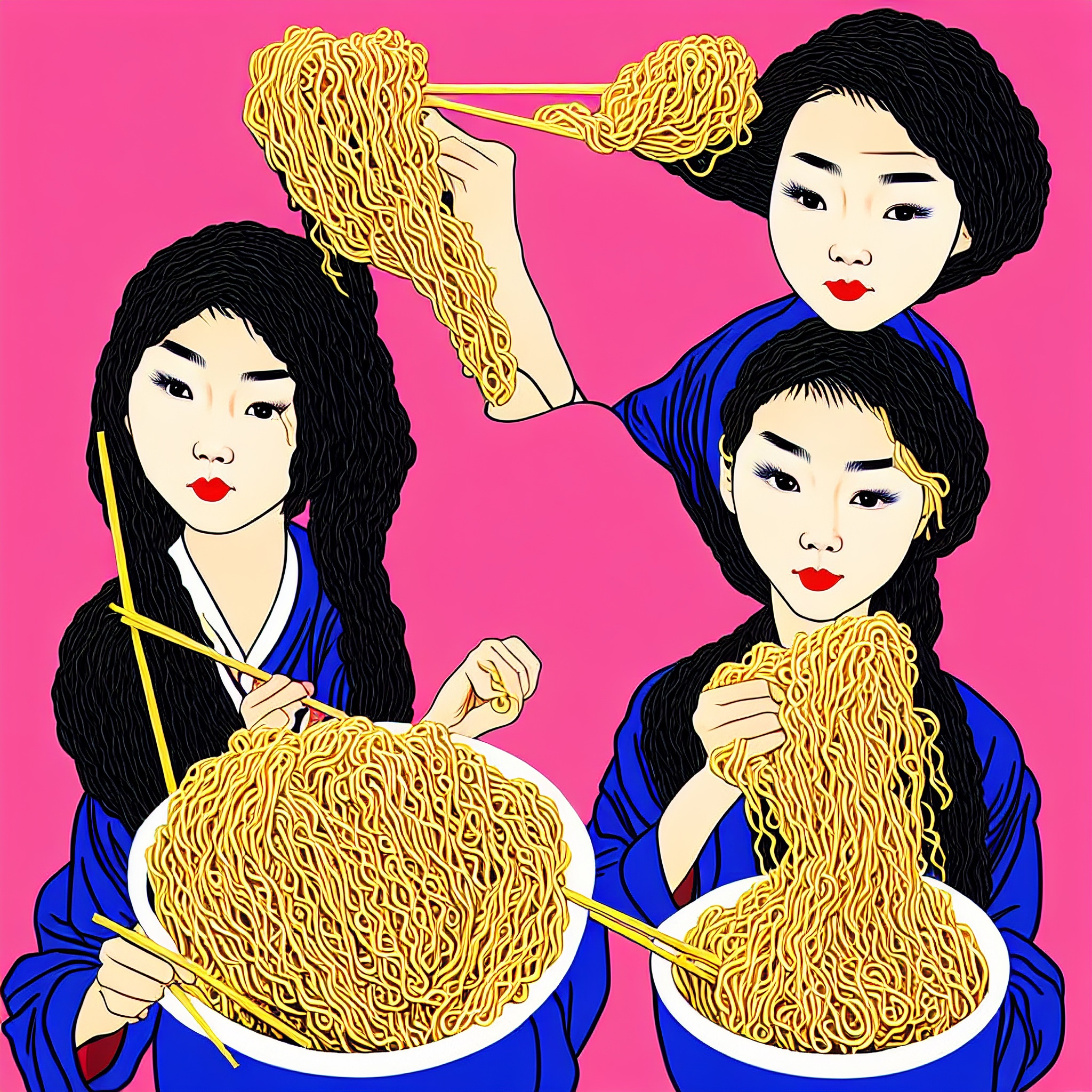 Pop art painting of four young Asian women enjoying large bowls of noodles.