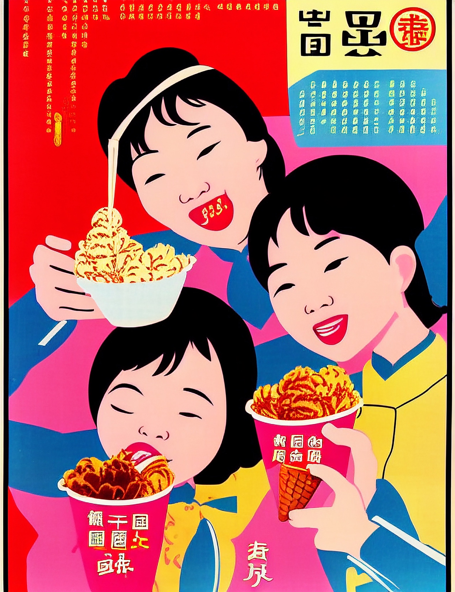 1980s-style poster of three girls enjoying ice cream cones and bowls of ice cream.