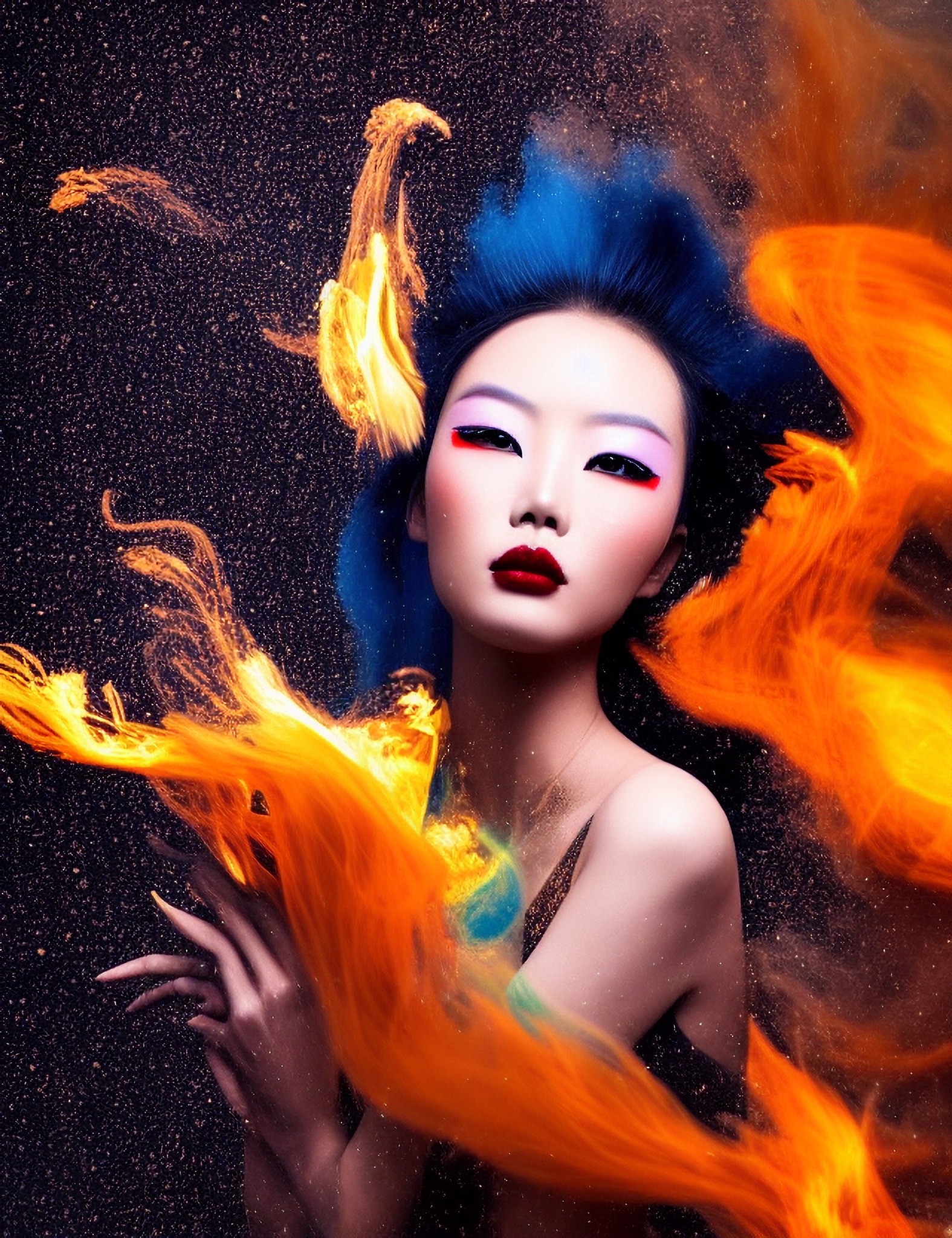 Portrait of a Chinese model with blue and orange hair, styled with dramatic makeup.