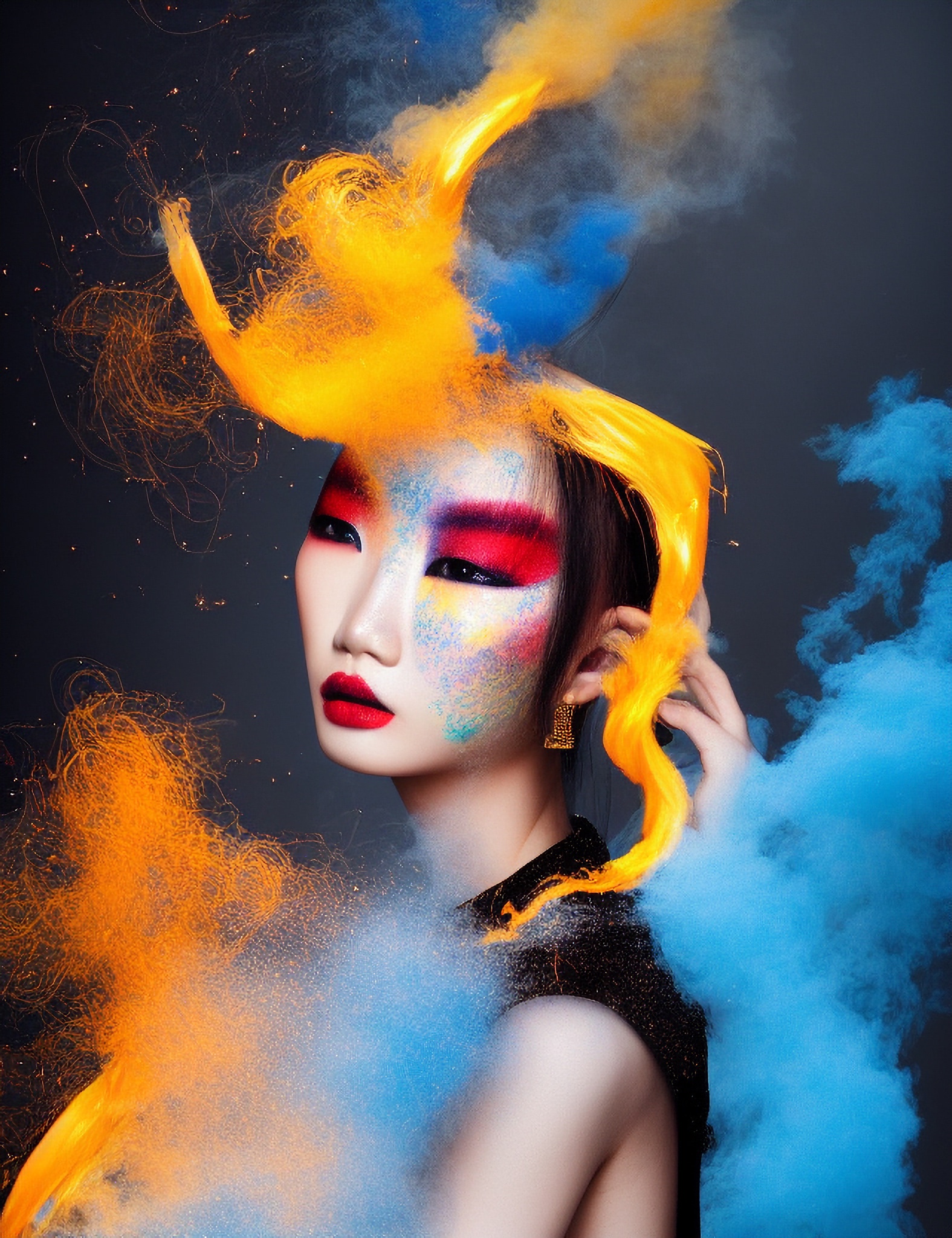 Woman with vibrant makeup and orange and blue powder in her hair.