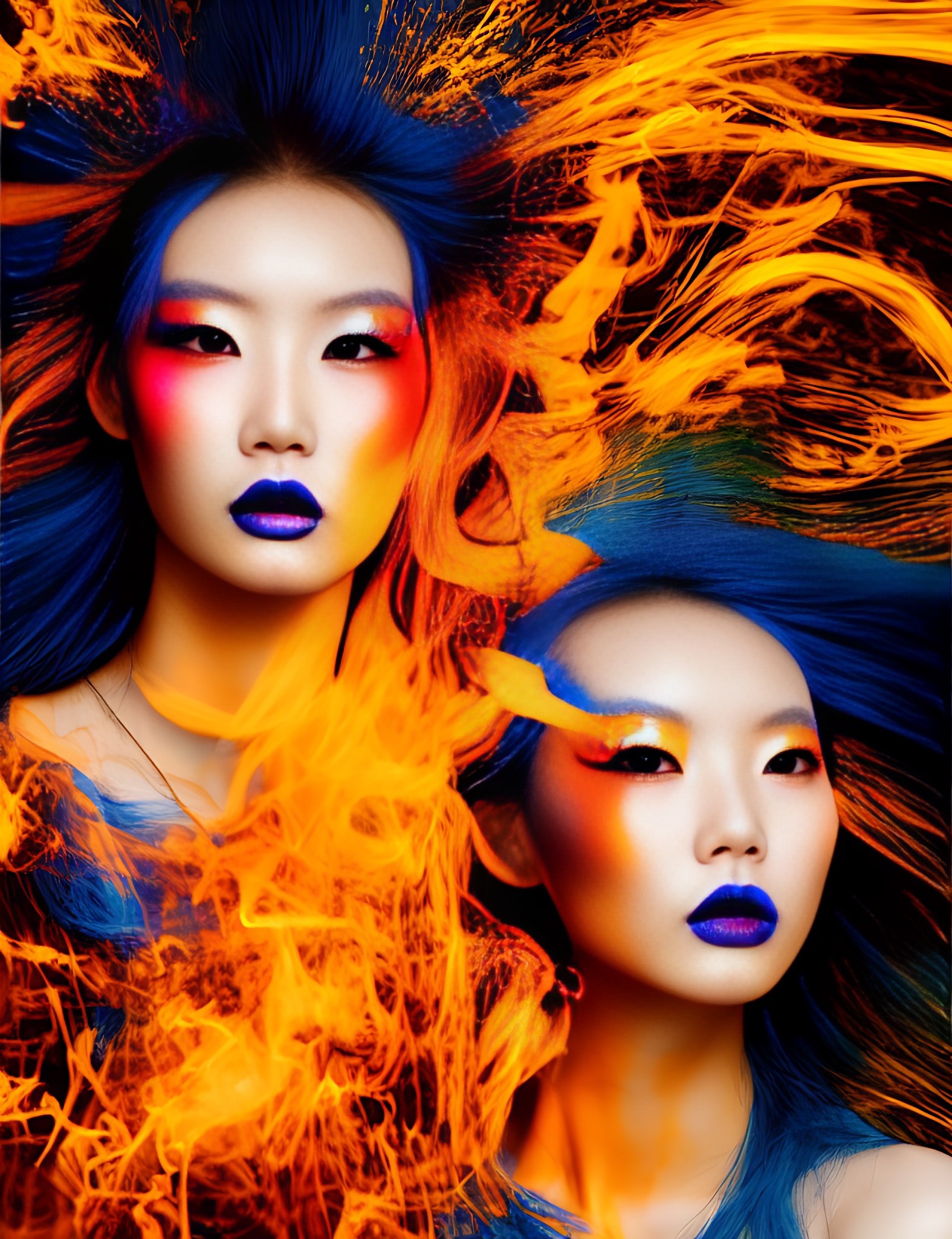 Two Asian women with blue hair and vibrant makeup surrounded by orange flames.