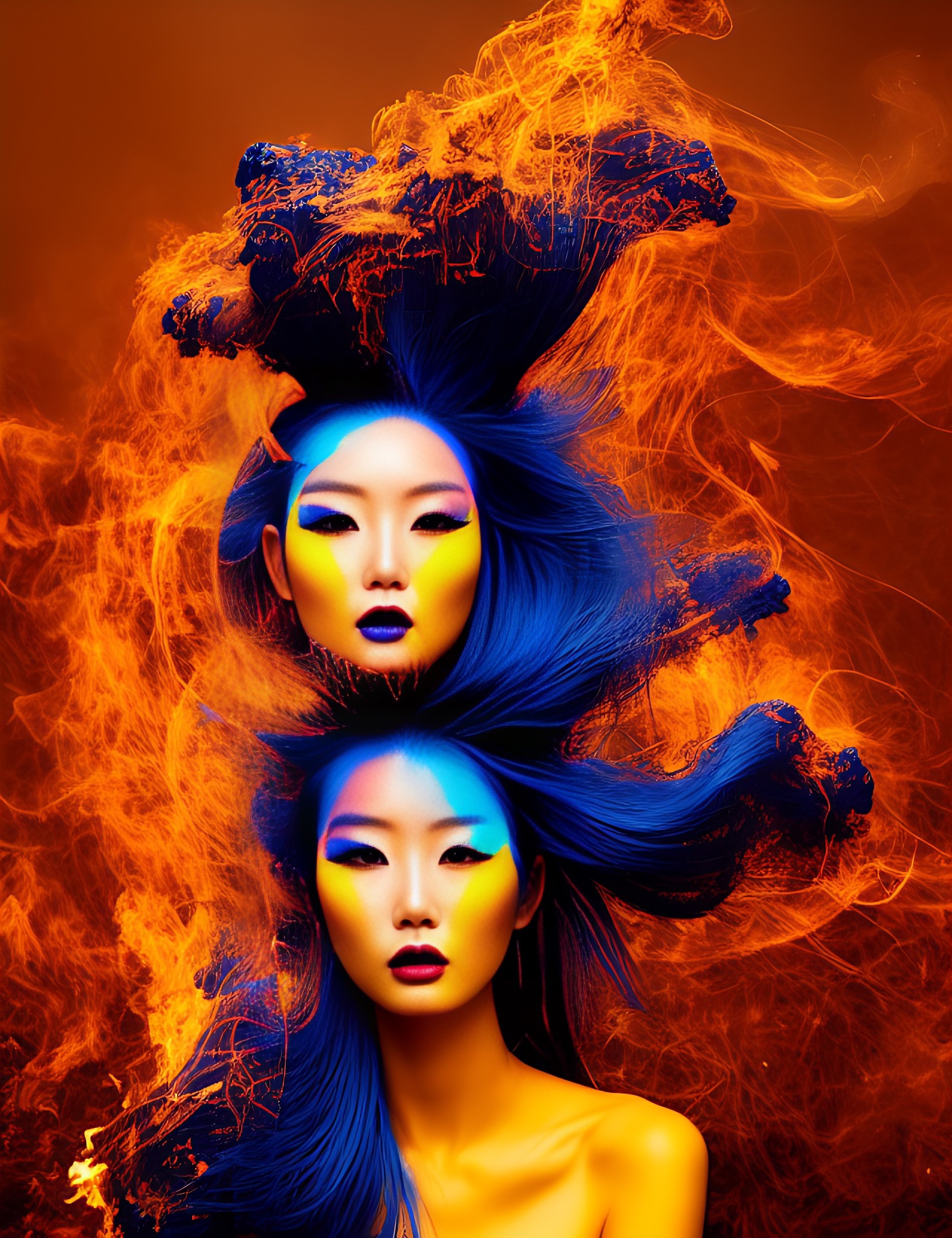 Two Asian women with vibrant blue hair and bold yellow and blue makeup, set against a fiery orange background.