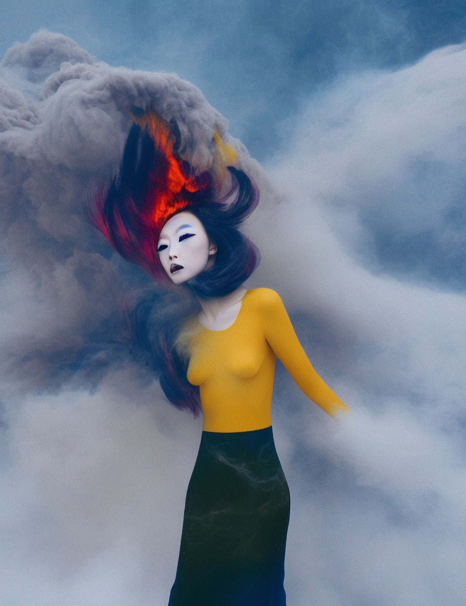 Woman in yellow top and dark skirt, hair flowing with smoke and fire, set against a cloudy sky.
