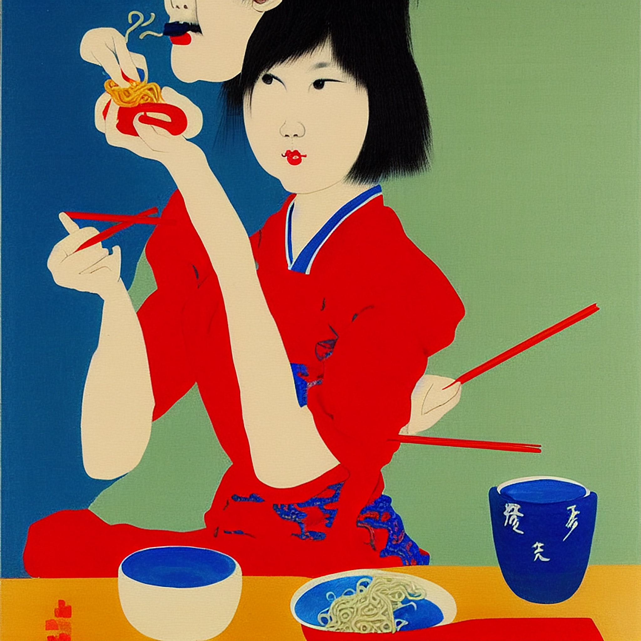 Painting of two women eating ramen noodles.