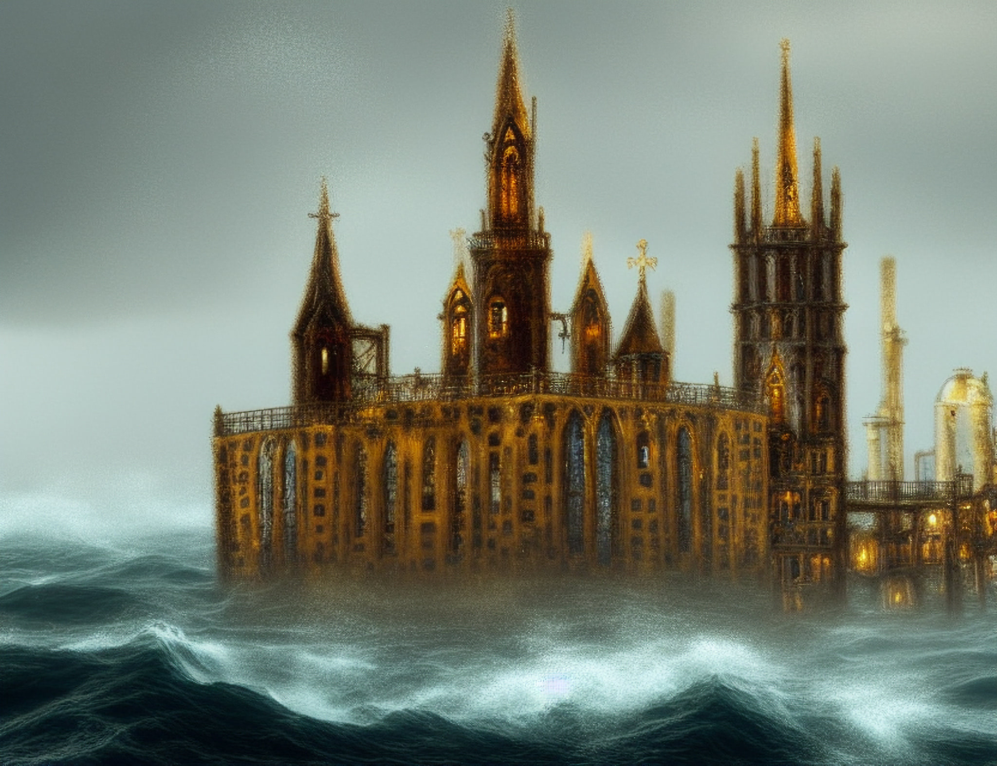 Gothic-style building on an oil platform in a stormy sea.