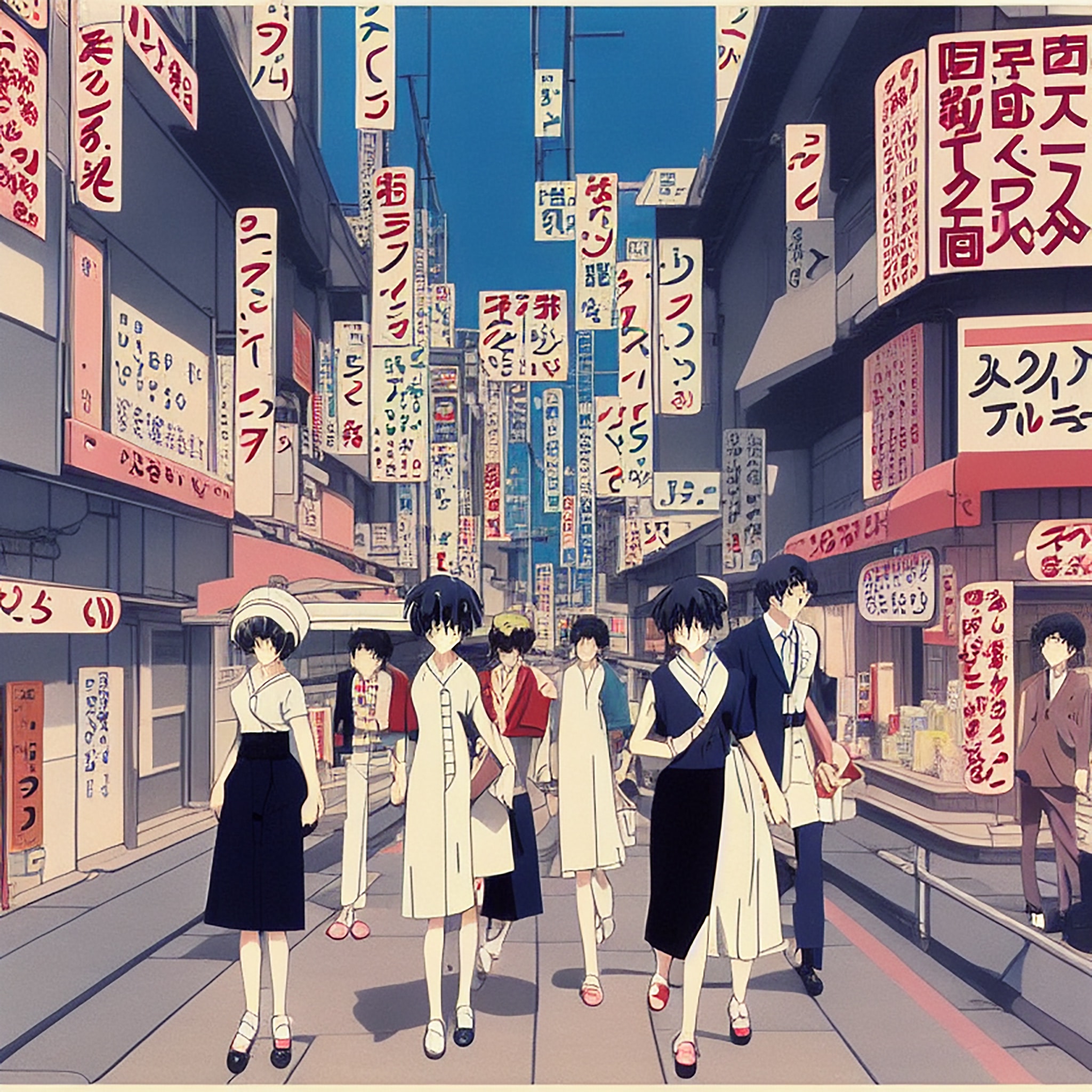 Anime-style illustration of people walking down a 1960s Tokyo street.