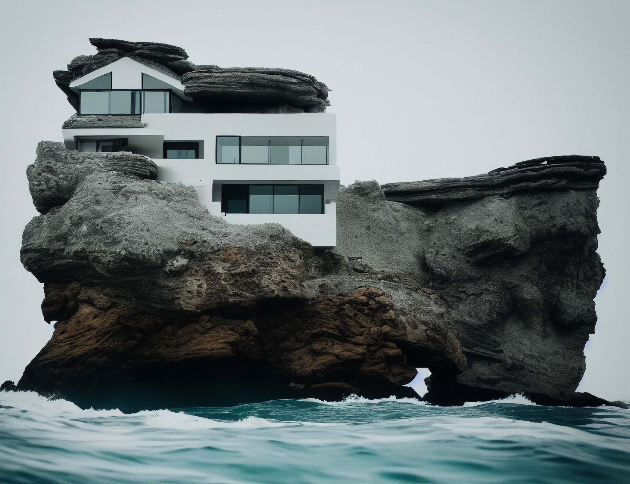 Modern white house built into a rocky cliff overlooking the ocean.