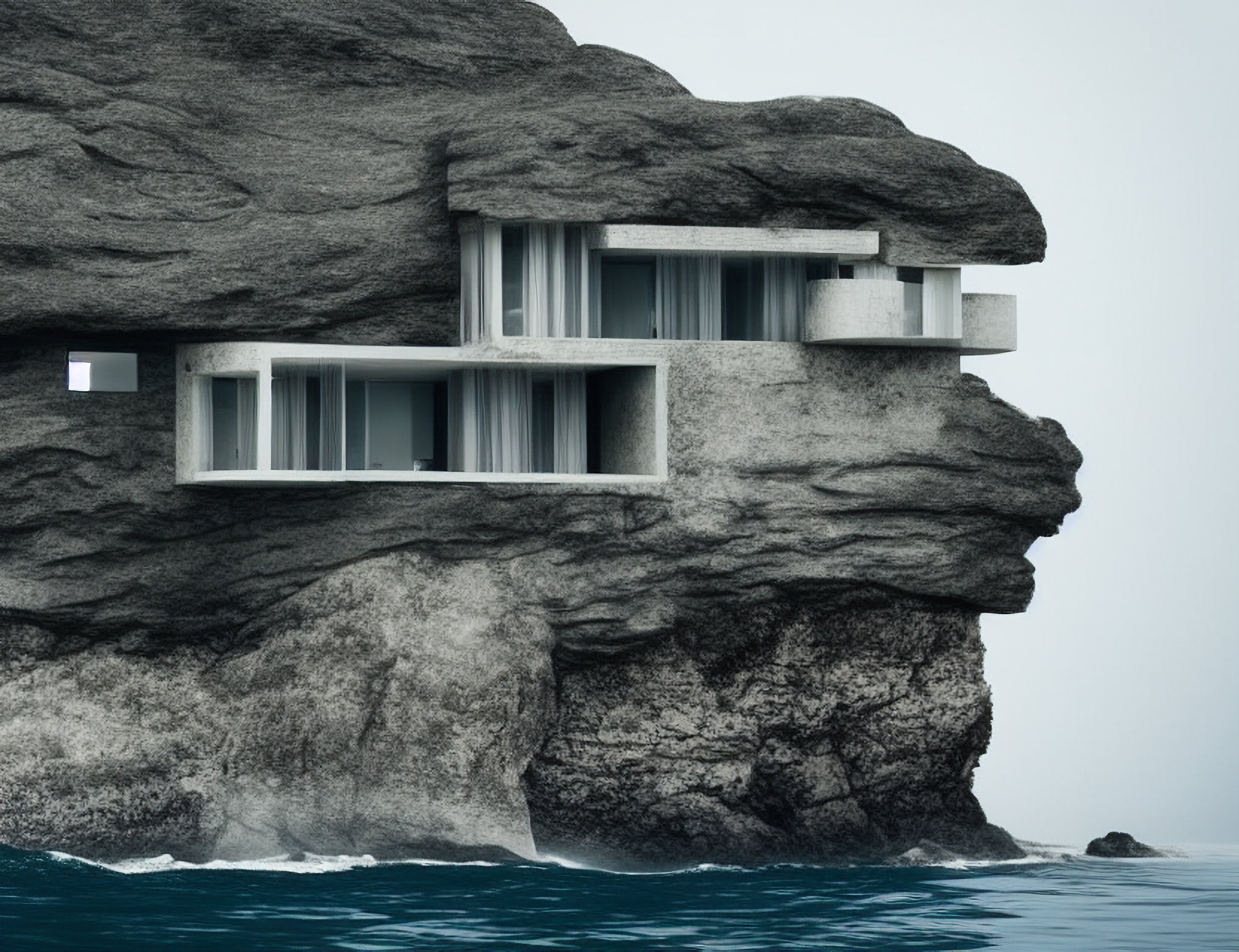 Modern house built into a cliff overlooking the ocean.