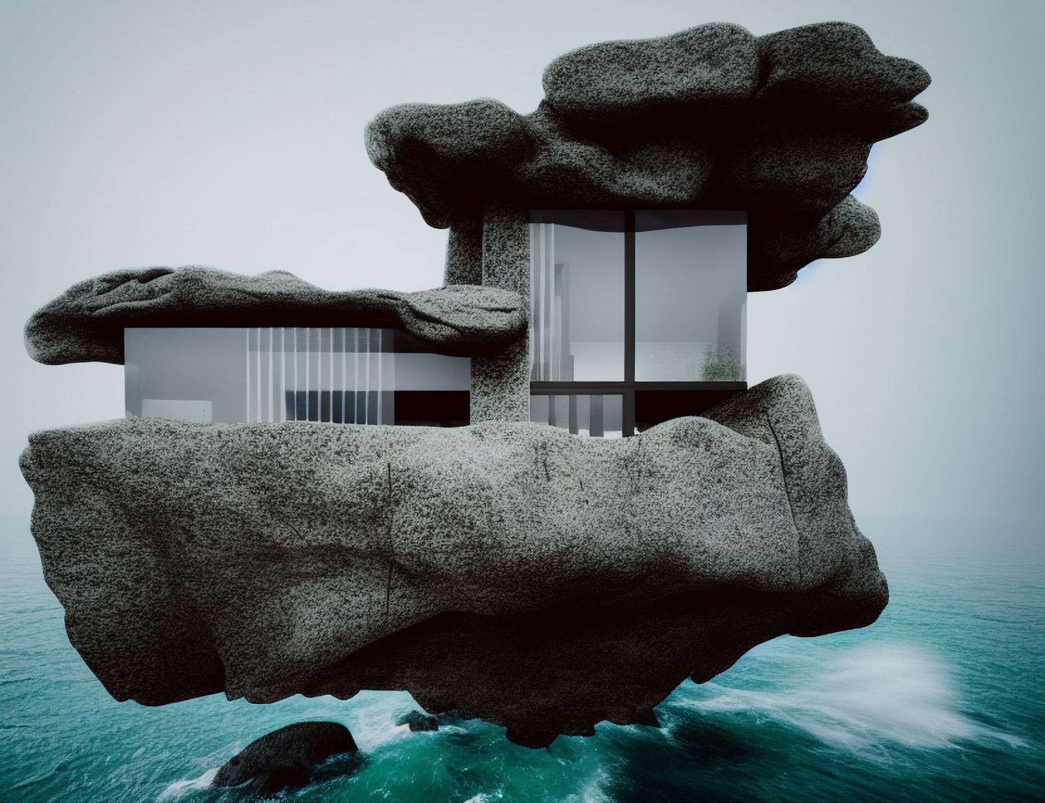 Modern house built into a rock formation over the ocean.