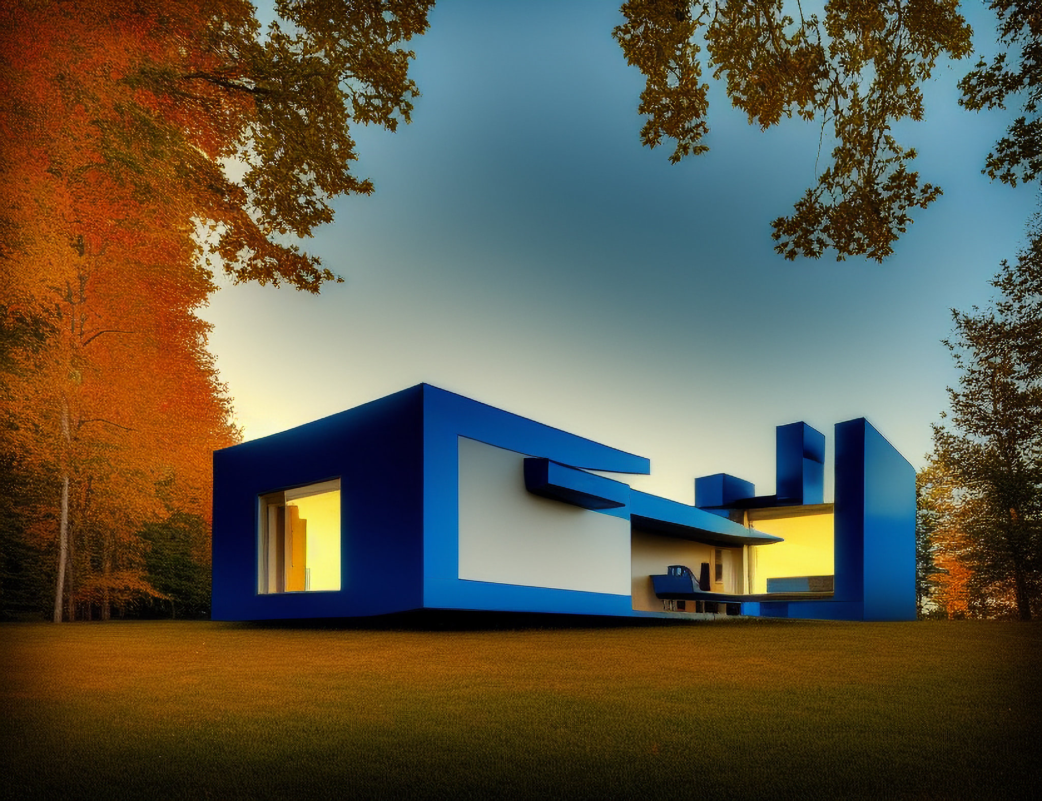 Modern blue and white cottage nestled in autumnal trees.