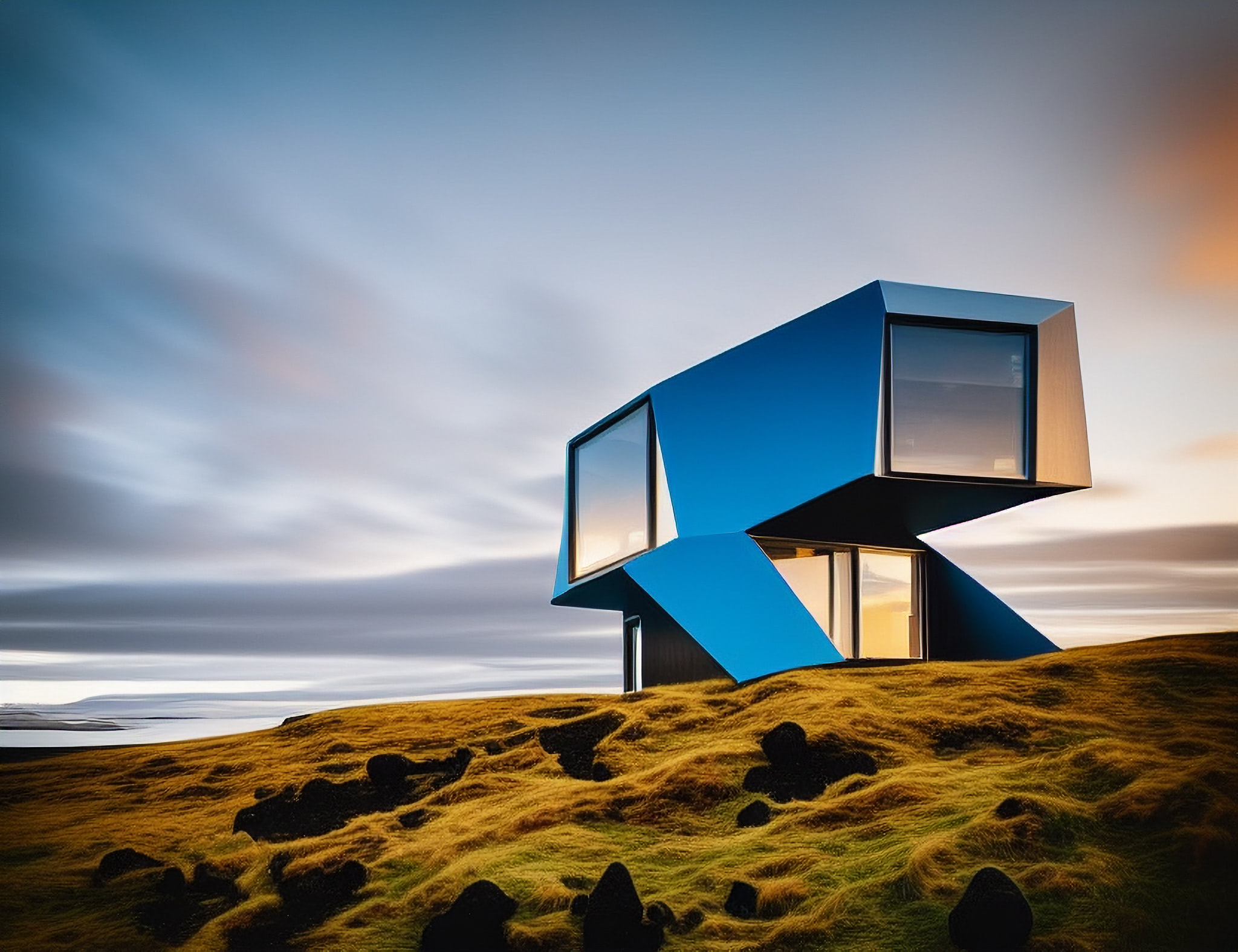 Modern blue house on grassy hillside in Iceland.