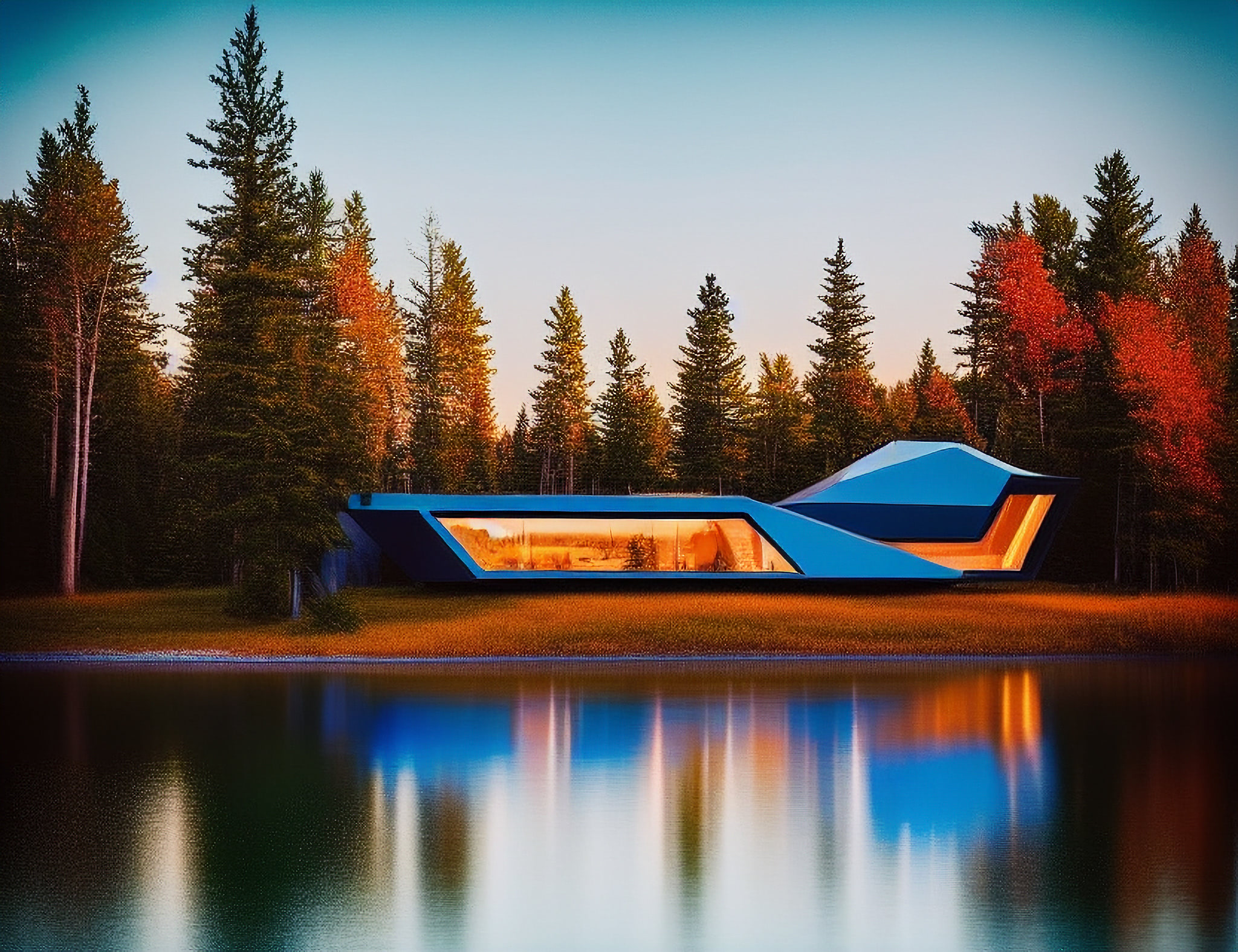 Modern, angular blue vacation home nestled in an autumnal forest beside a lake.