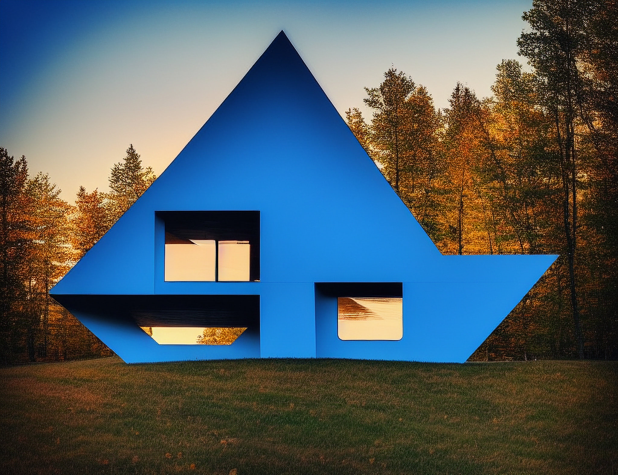 Blue modern house with windows reflecting sunset, situated on grassy hill against autumn trees.