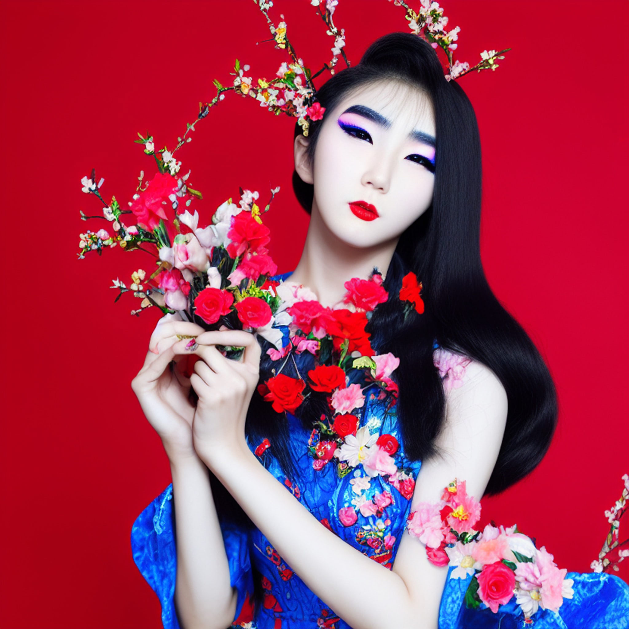 Asian model in blue floral dress with flower crown against red background.