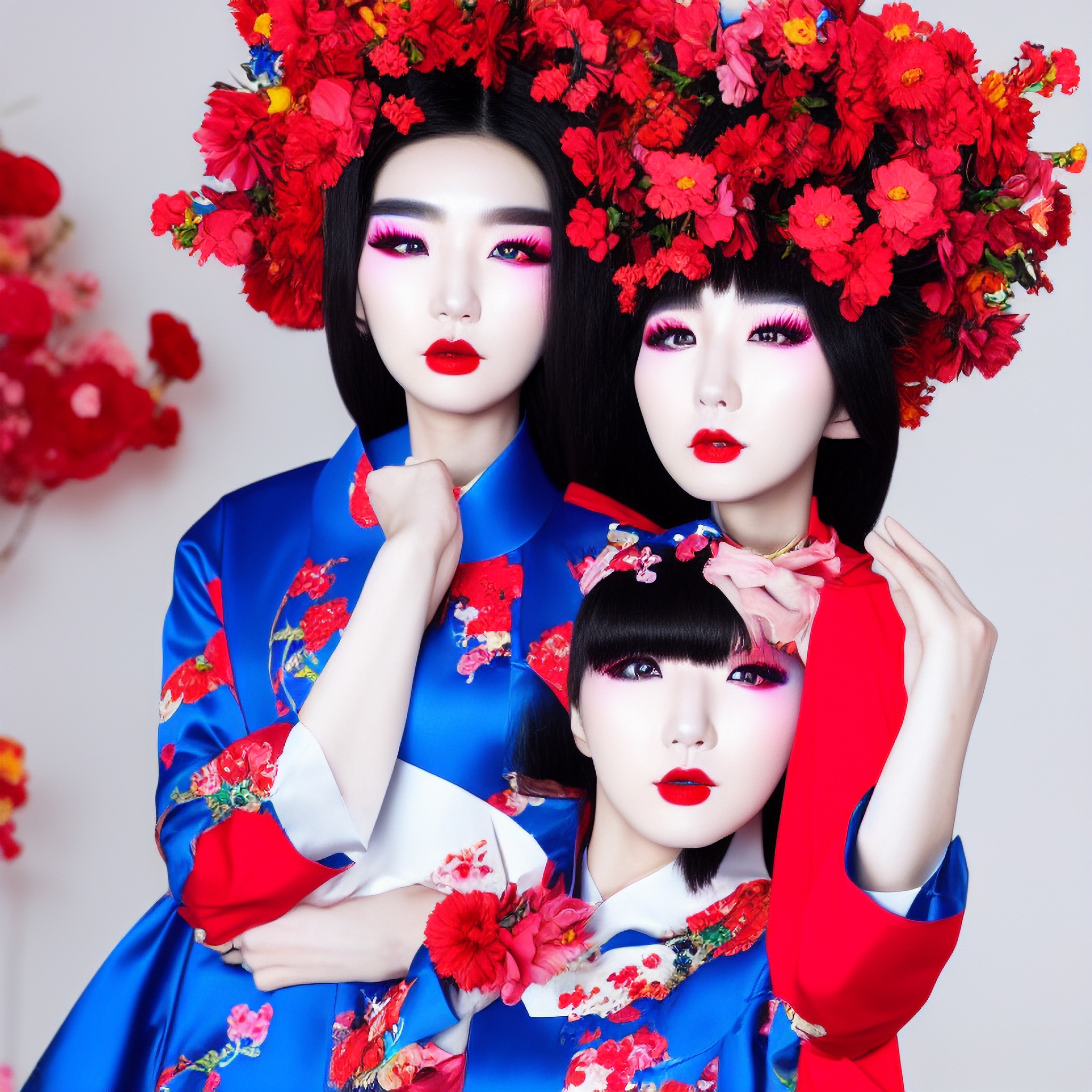 Three Asian women in blue and red floral dresses and red flower crowns.