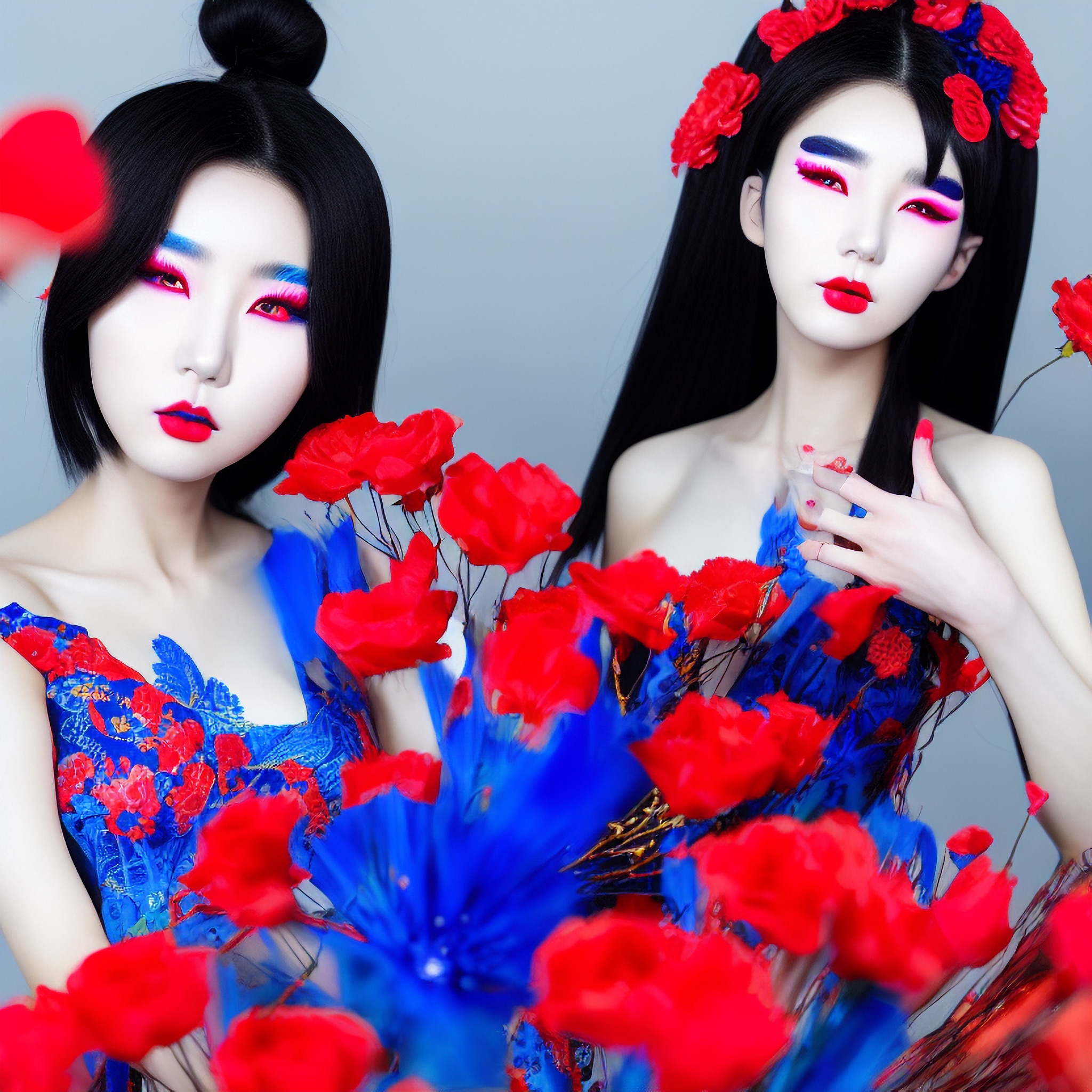 Two Asian women in blue and red traditional dresses with bold makeup, surrounded by red and blue flowers.