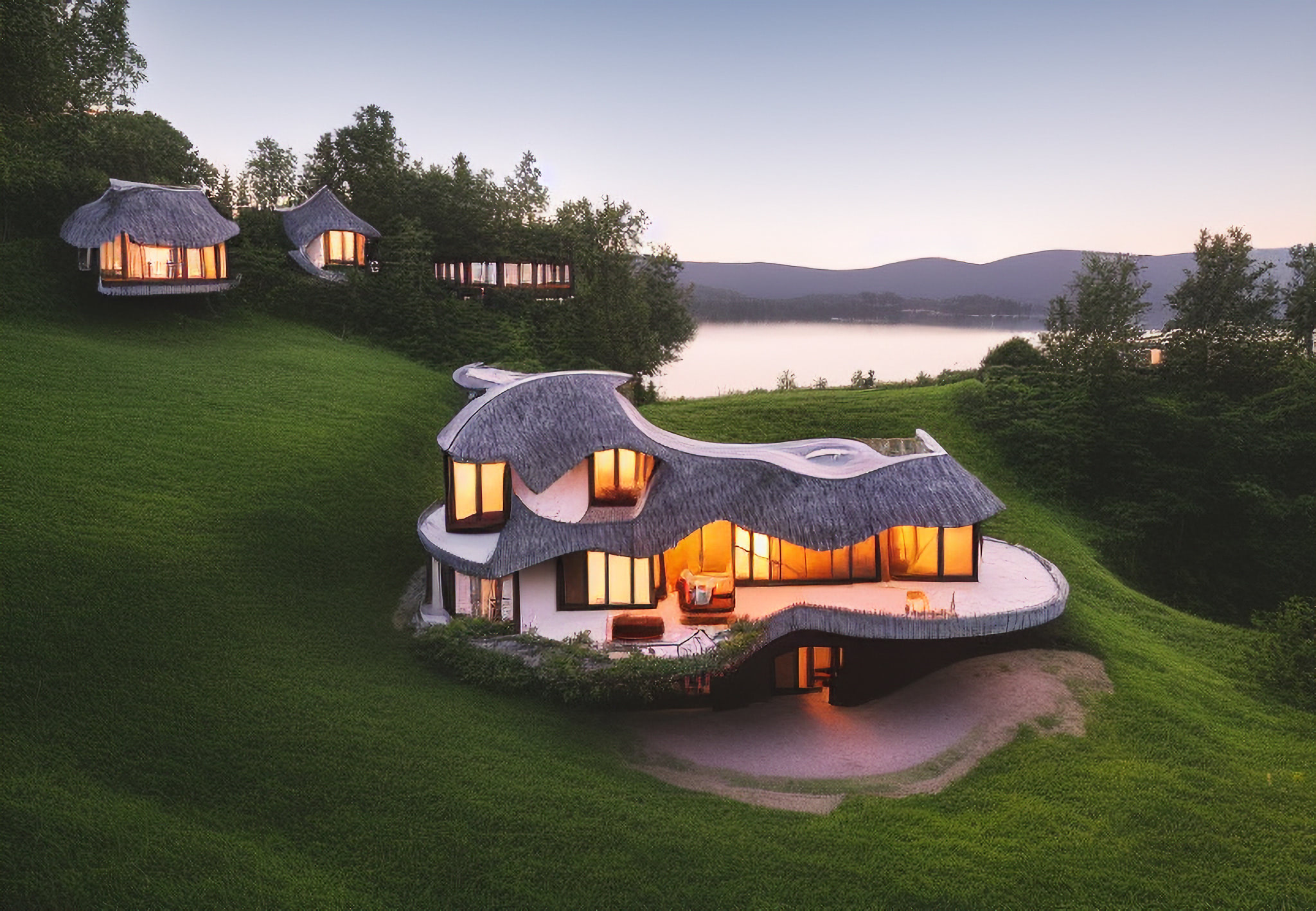 Modern, illuminated villa with unique, organic architecture nestled on a grassy hillside overlooking a lake and mountains.