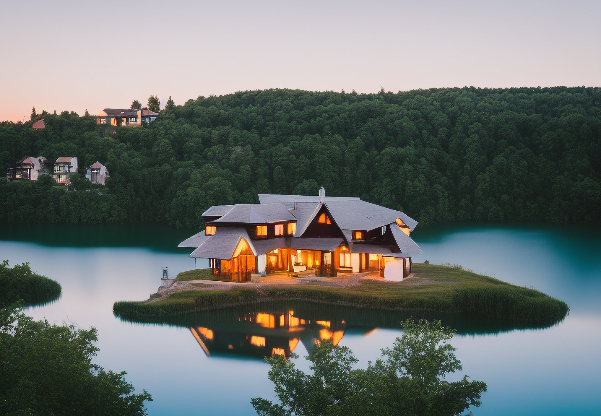 Modern house on a private island at dusk.