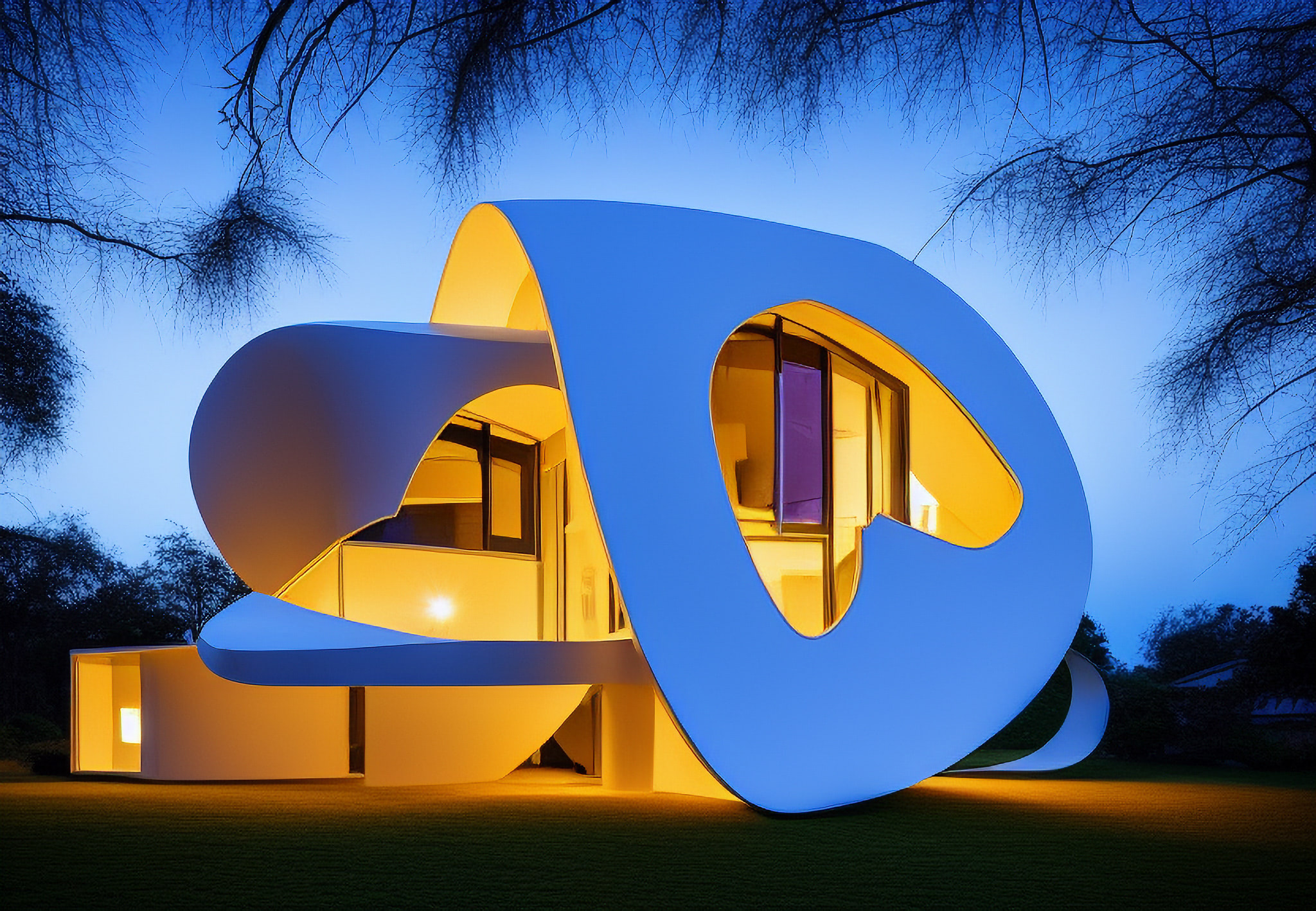 Modern, curved house lit from within at dusk.