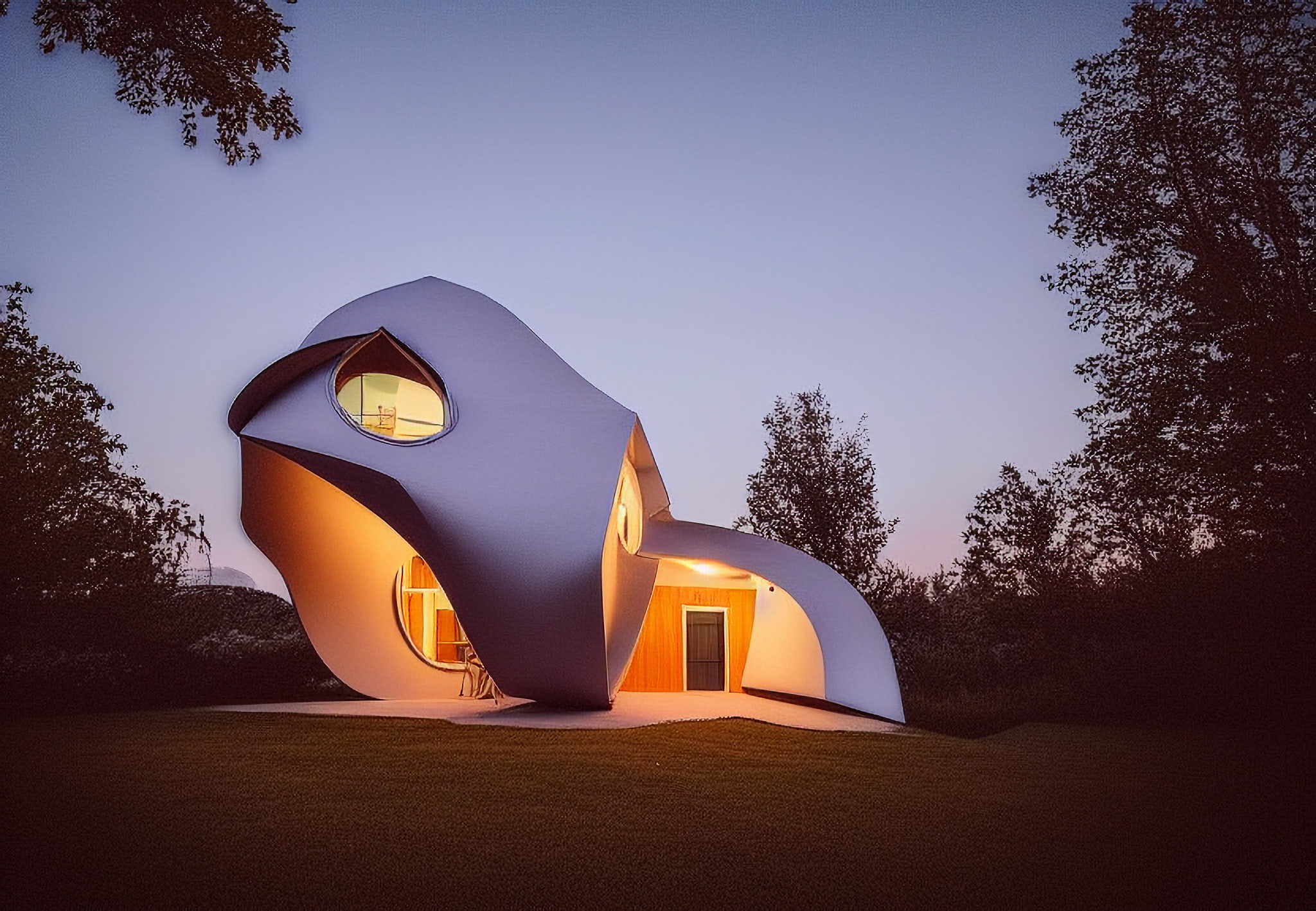 Modern, organically-shaped house illuminated at dusk.