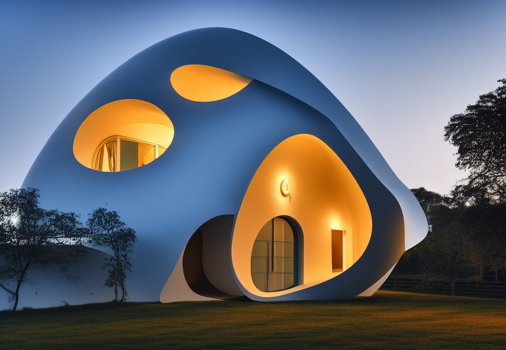 Modern, organically-shaped house lit from within at dusk.