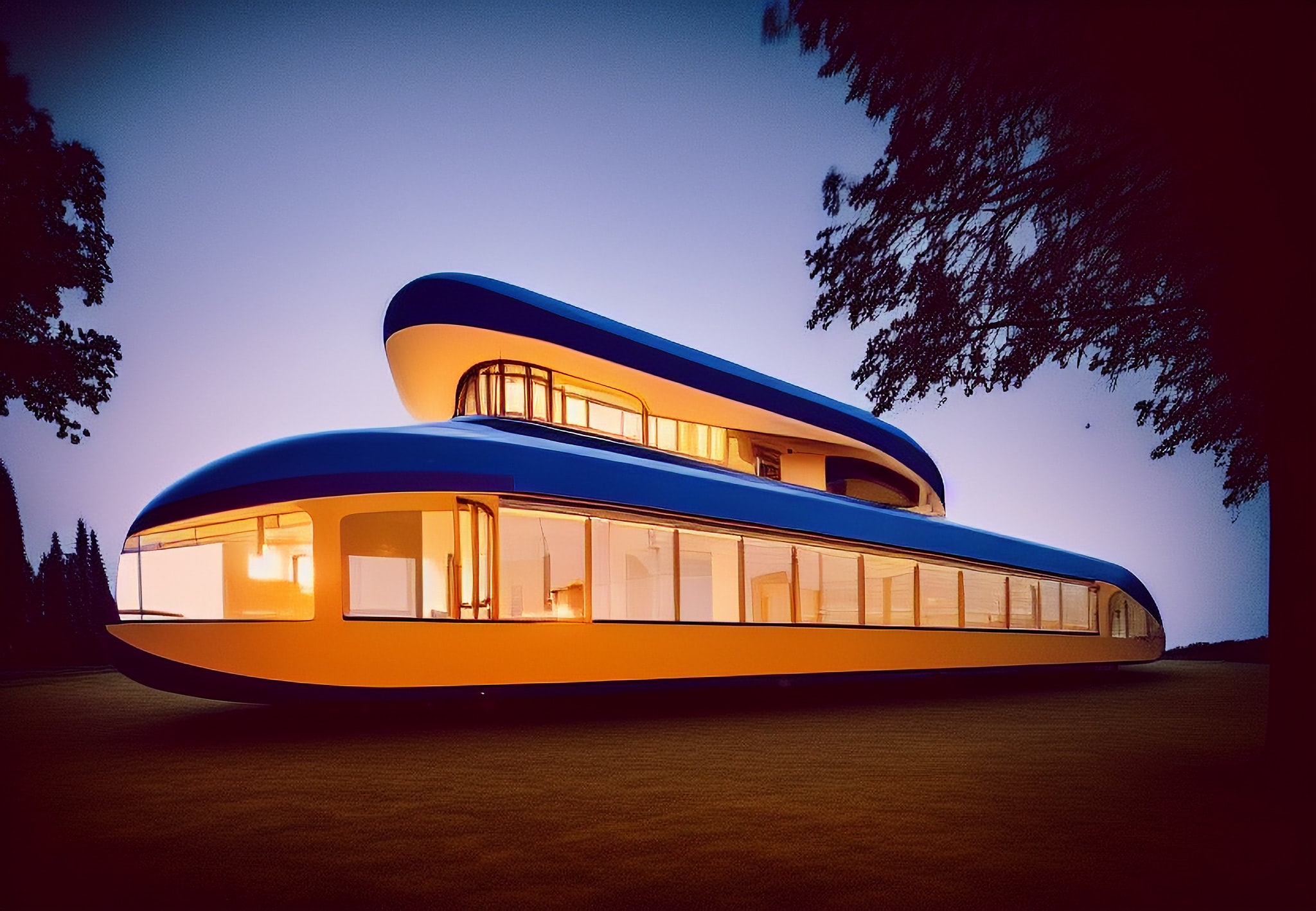 Modern, futuristic house at dusk.
