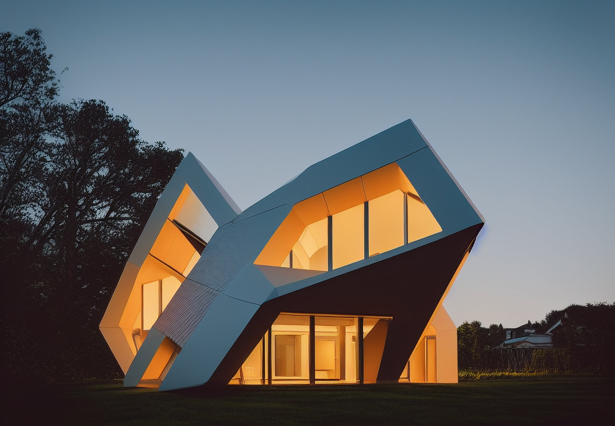 Modern, angular house lit from within at dusk.