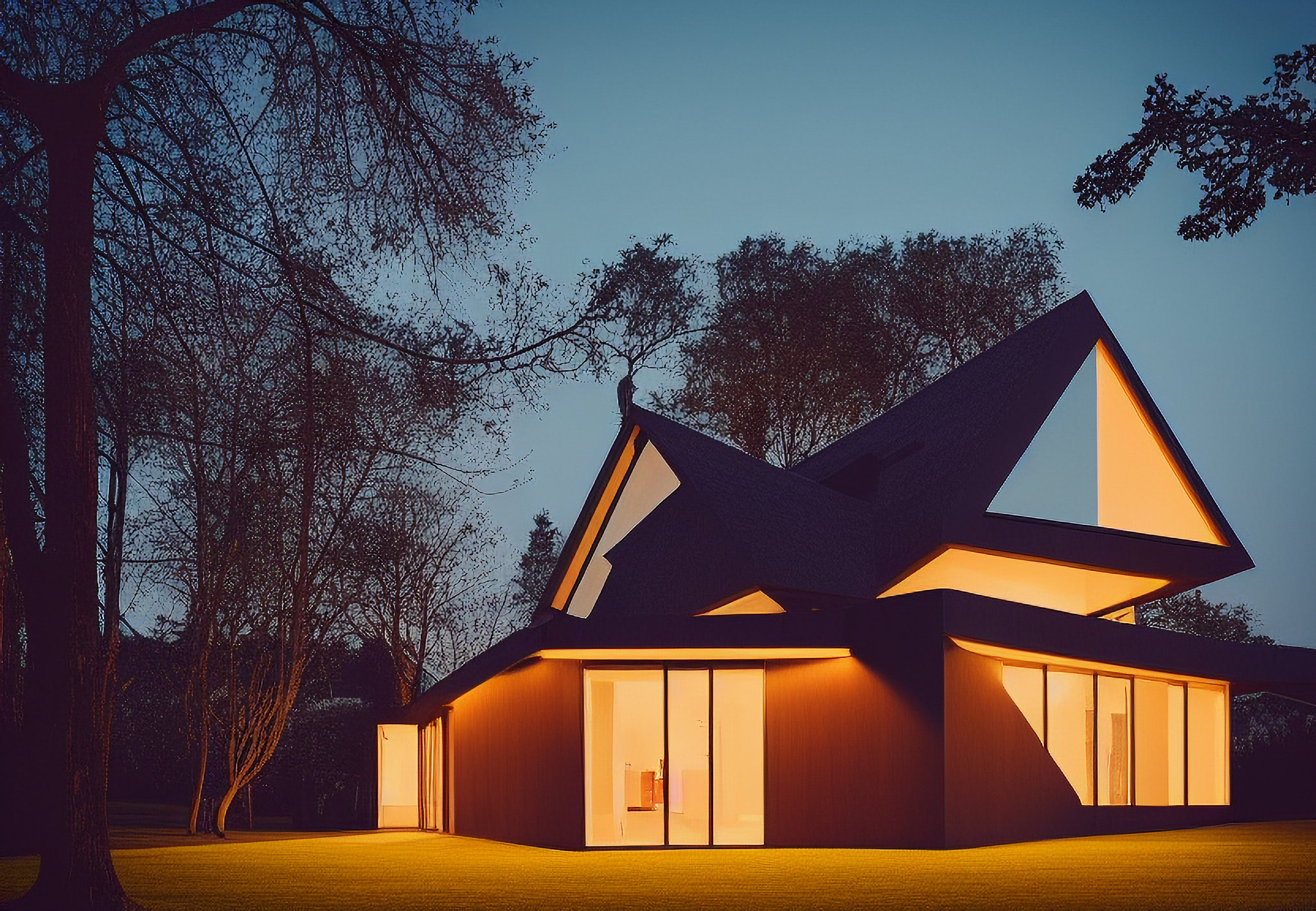 Modern, illuminated house at dusk, surrounded by trees.