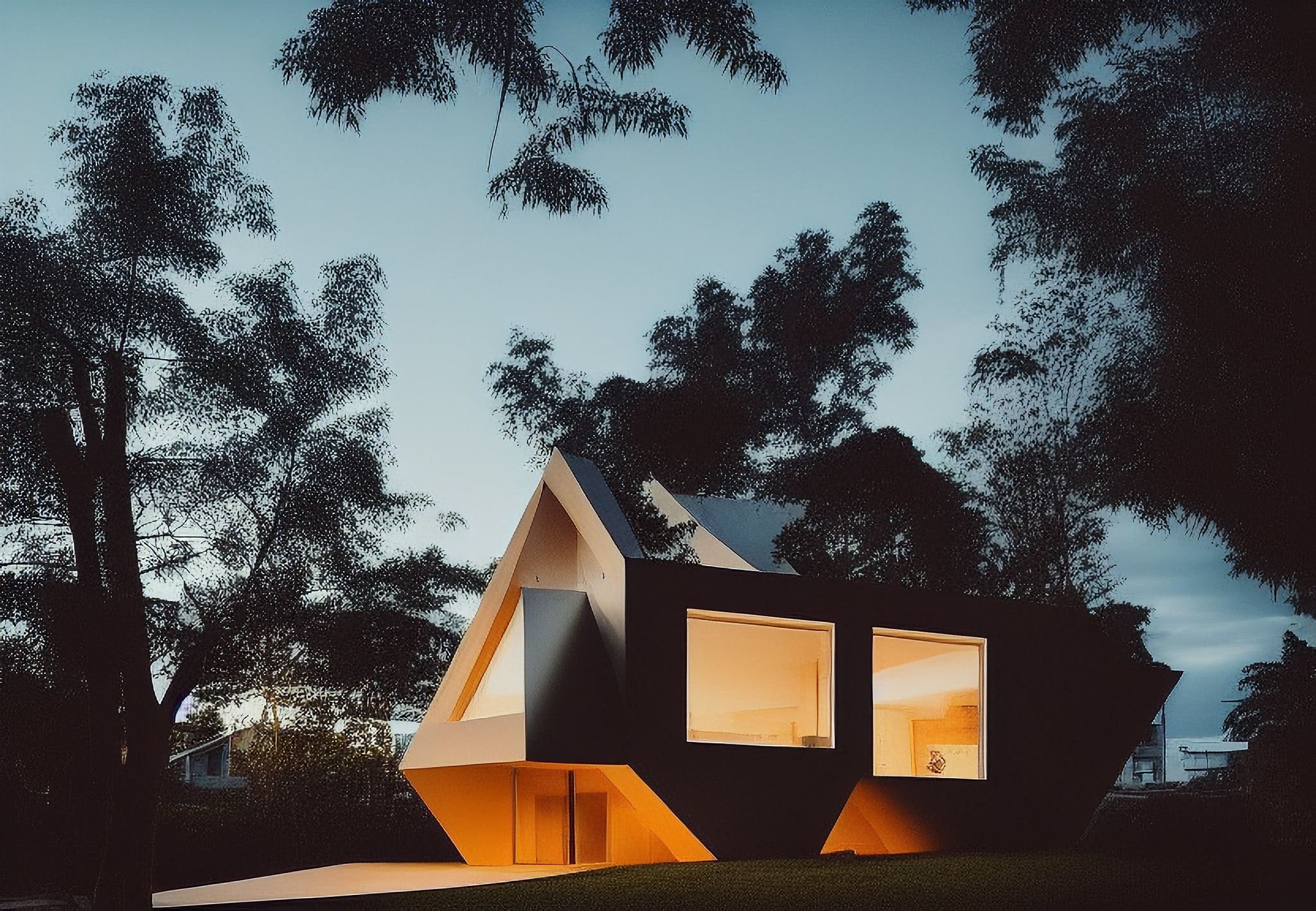 Modern, illuminated vacation home nestled among trees at dusk.
