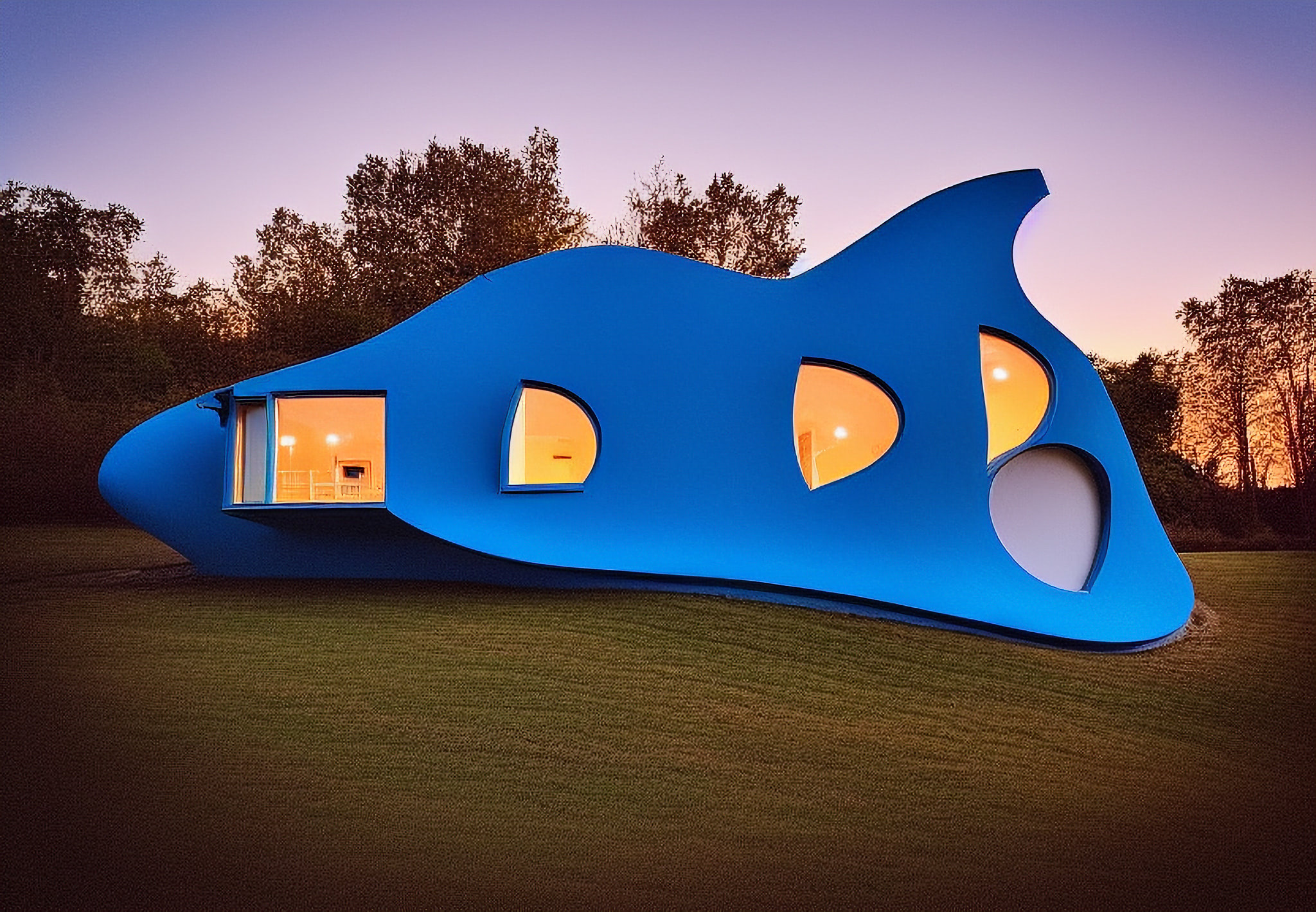 Blue modern house at dusk.