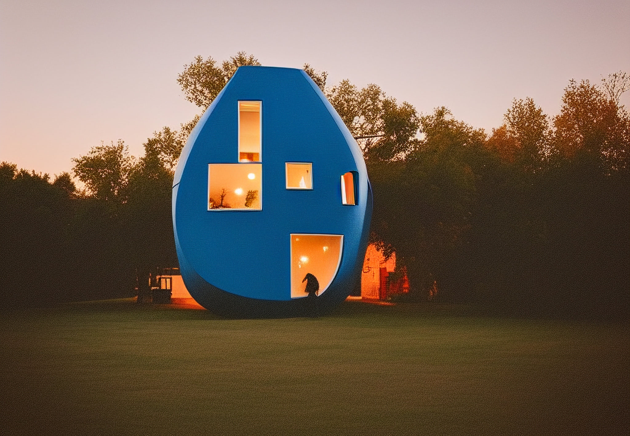 Blue teardrop-shaped house at dusk.